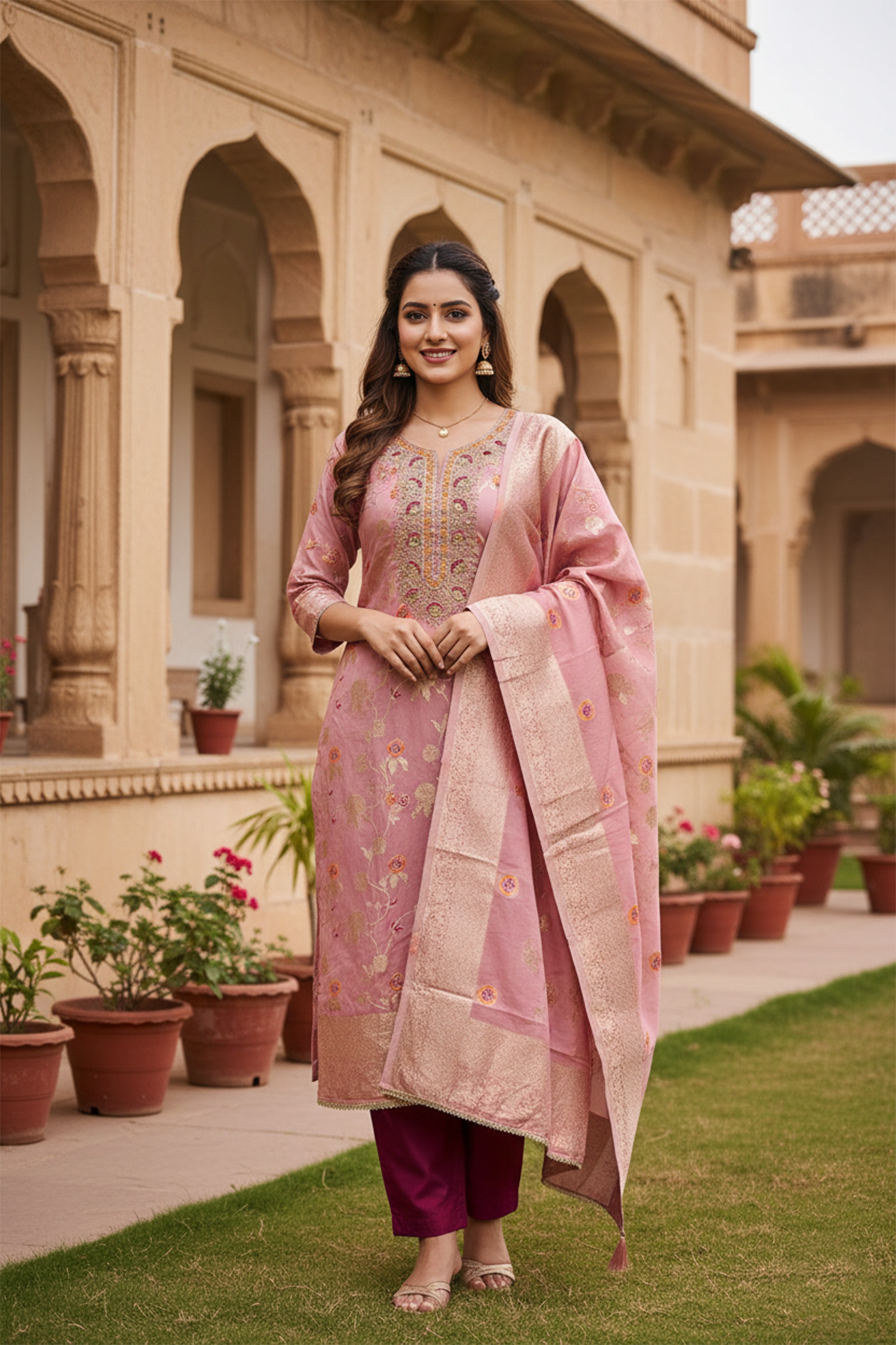 Pink Banarasi Cotton Festive Floral Straight Salwar Suit