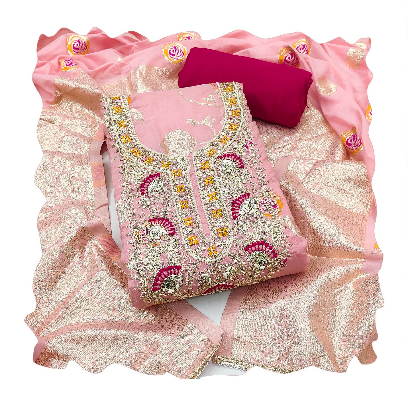 Pink Banarasi Cotton Festive Floral Straight Salwar Suit — alternate view