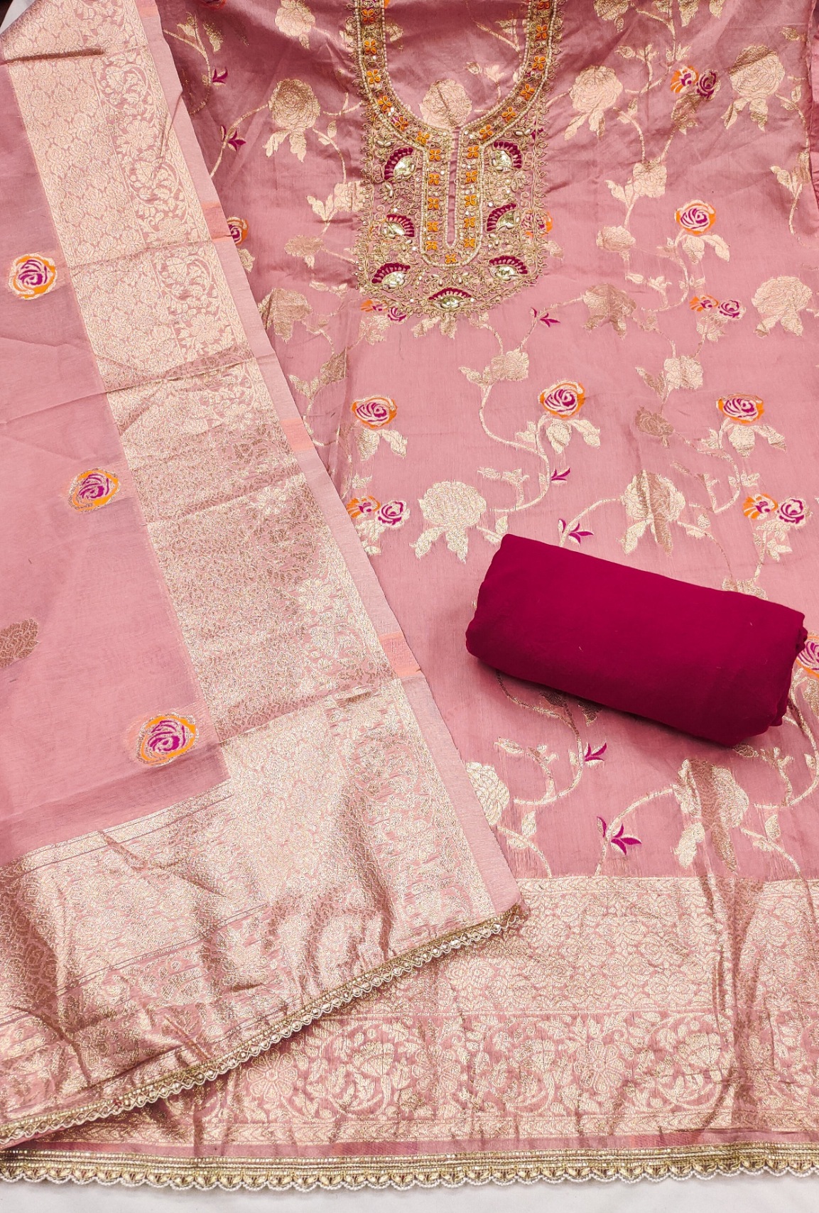 Pink Banarasi Cotton Festive Floral Straight Salwar Suit