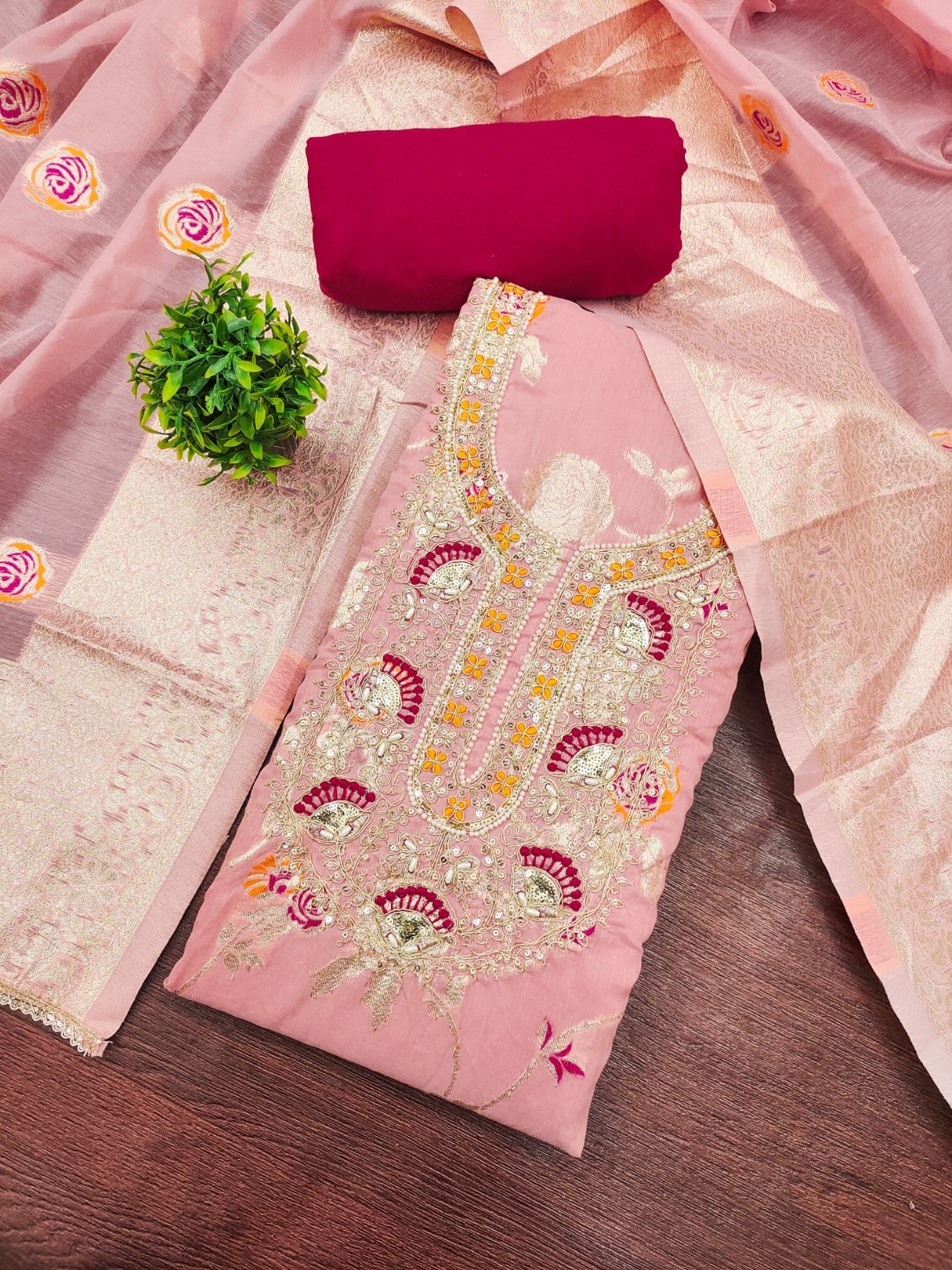 Pink Banarasi Cotton Festive Floral Straight Salwar Suit