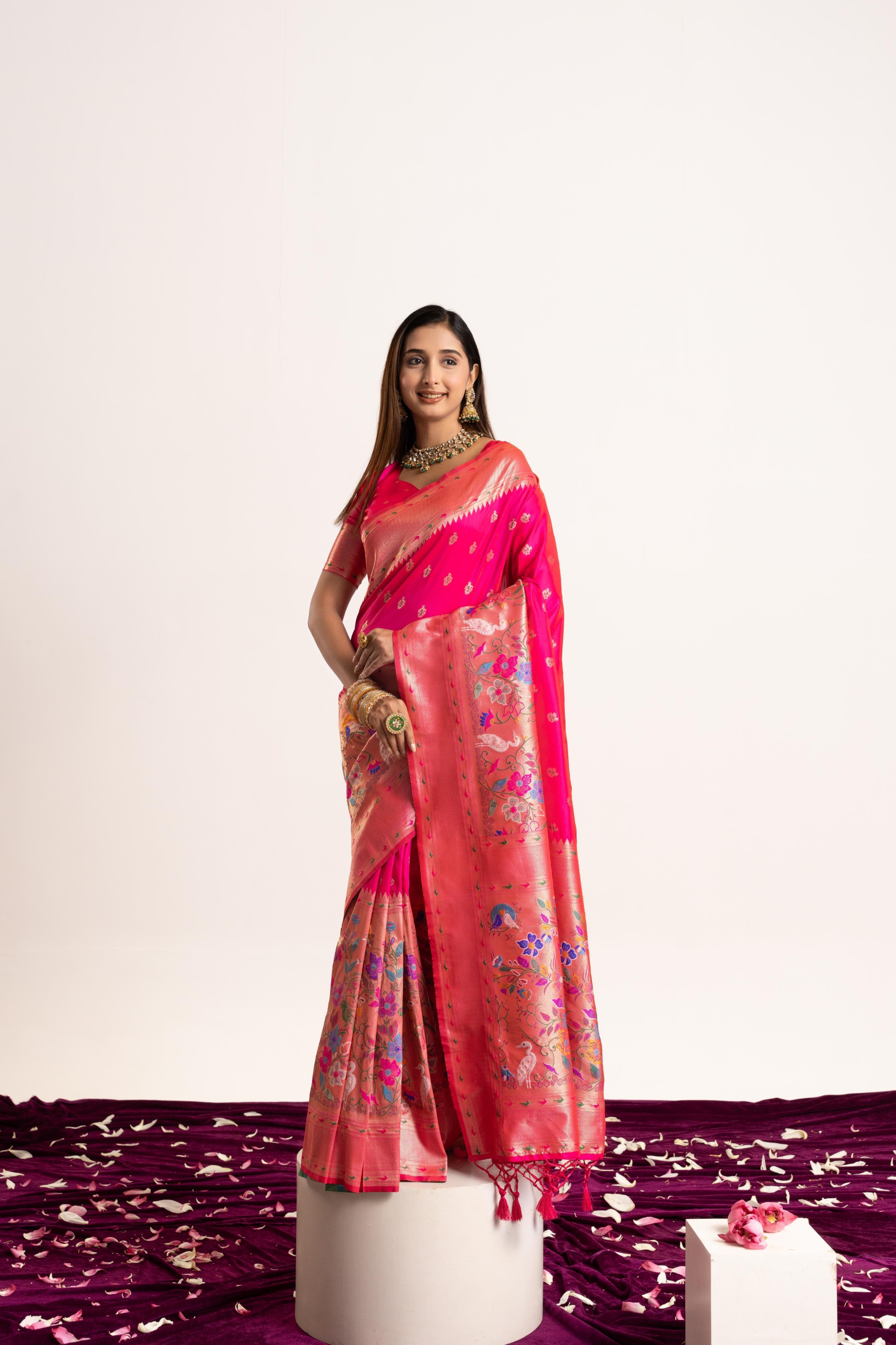 Pink Banarasi Silk Woven Meenakari Paithani Saree