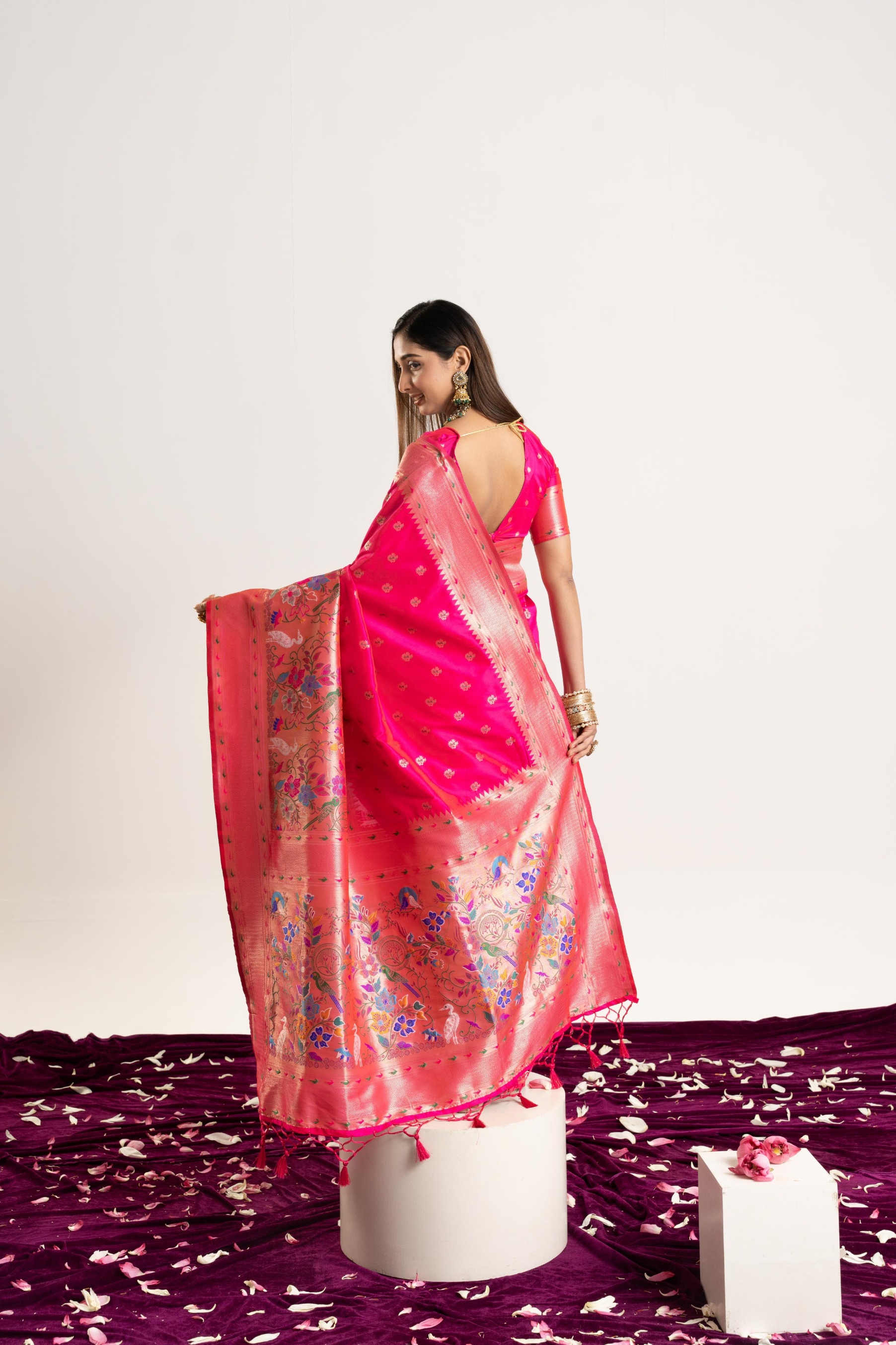 Pink Banarasi Silk Woven Meenakari Paithani Saree — alternate view