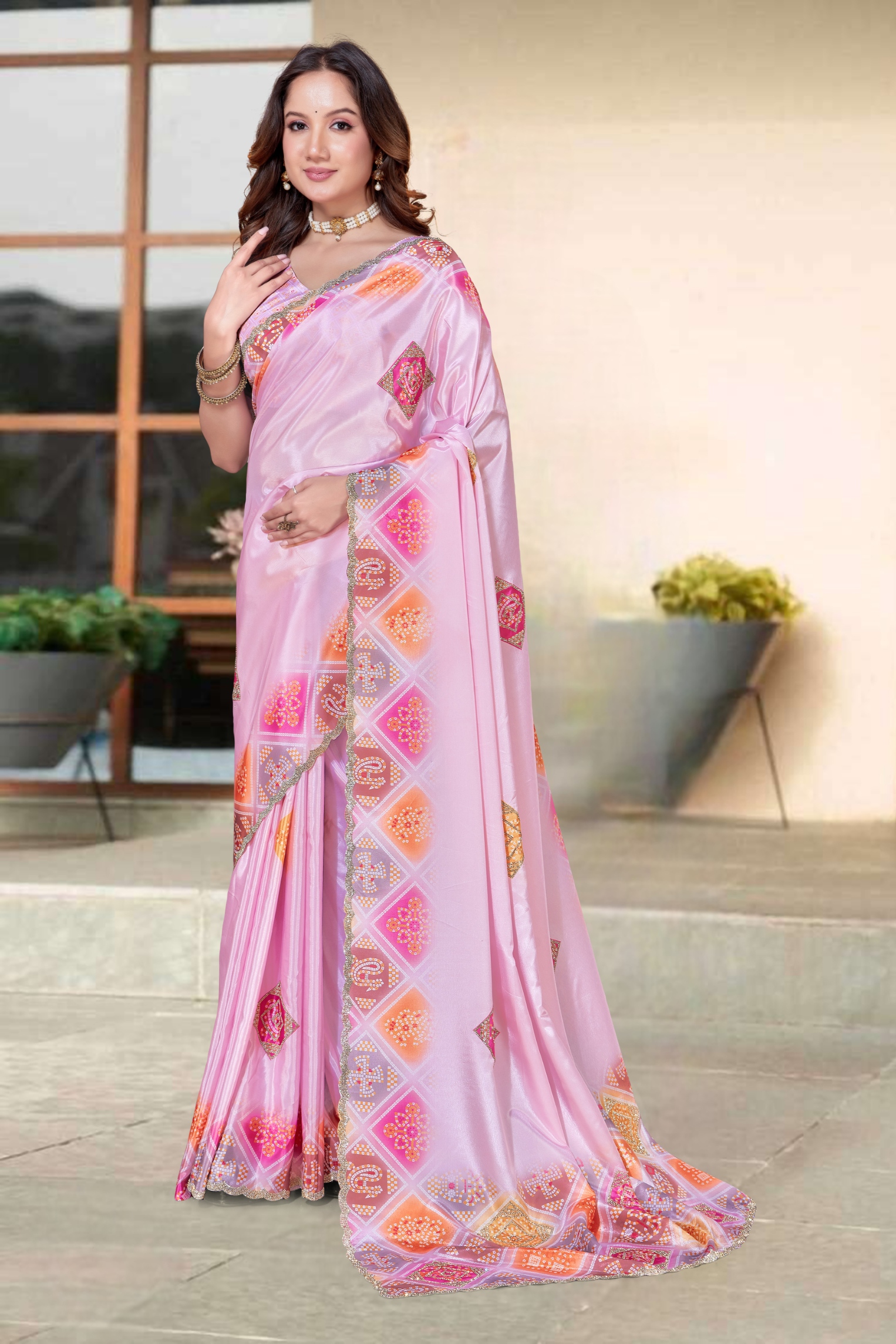 Pink Bandani Zircon Silk Saree