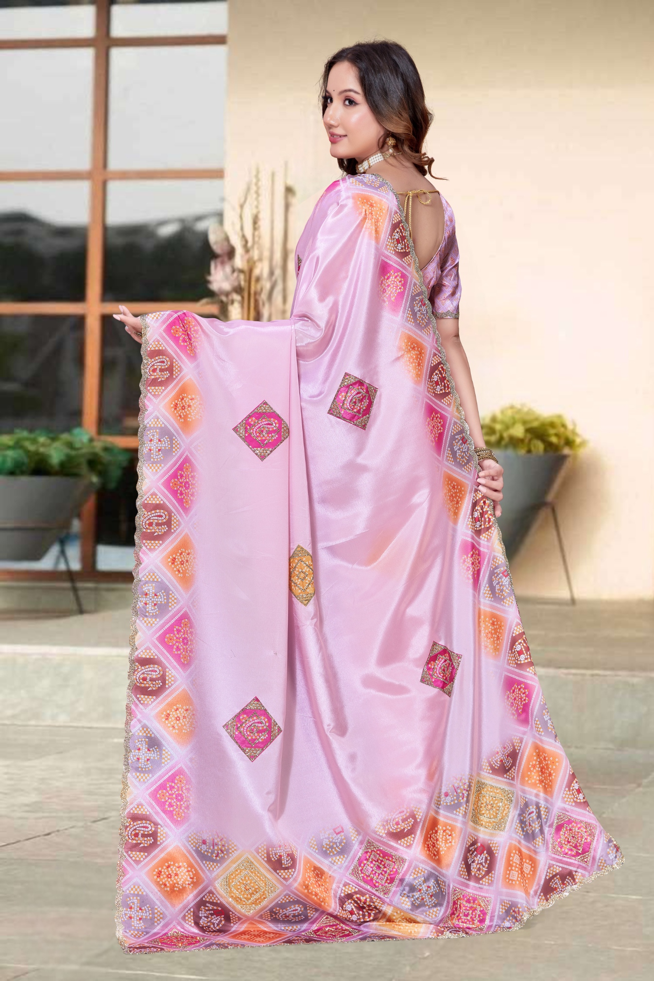 Pink Bandani Zircon Silk Saree — alternate view