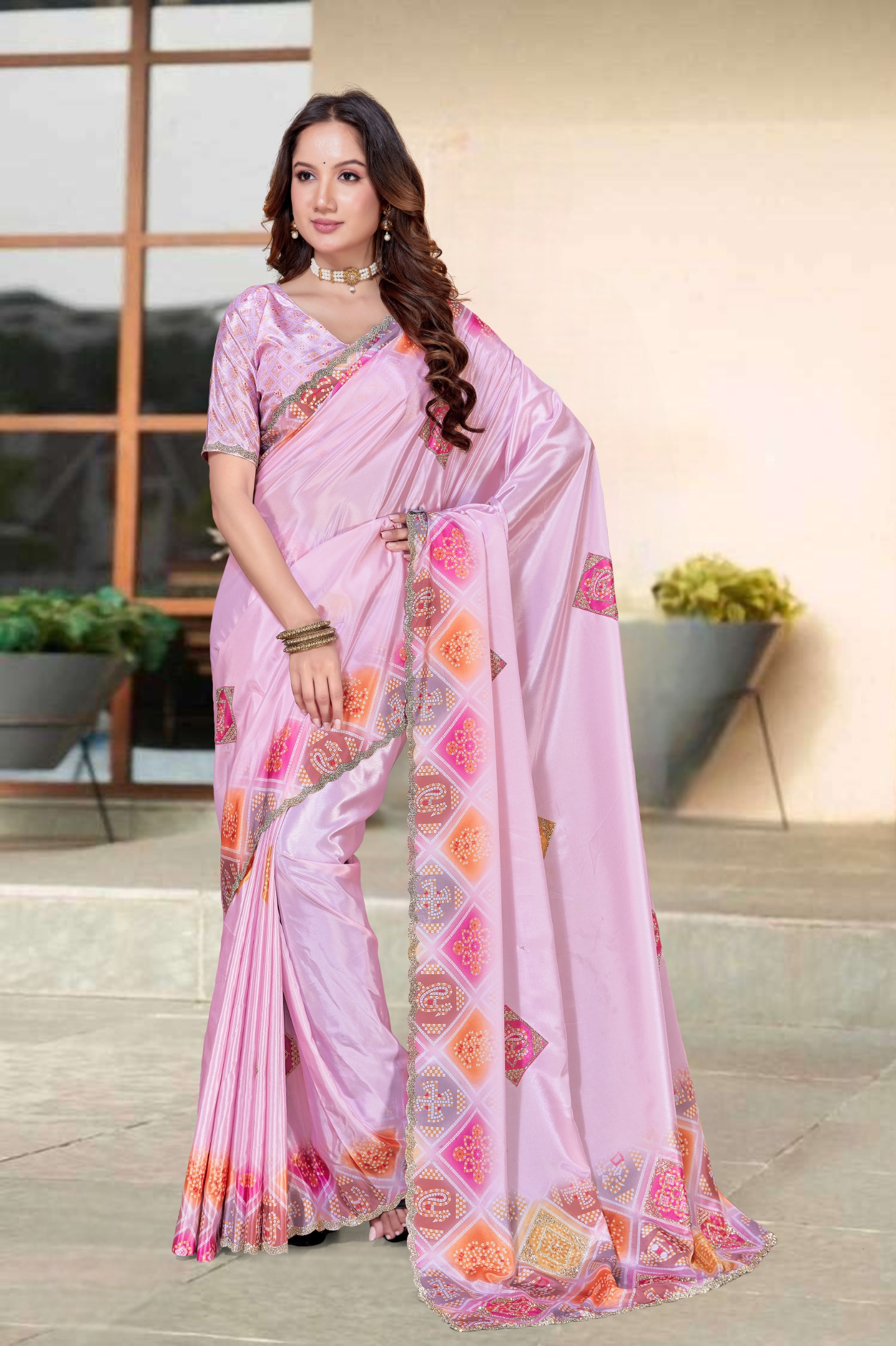 Pink Bandani Zircon Silk Saree
