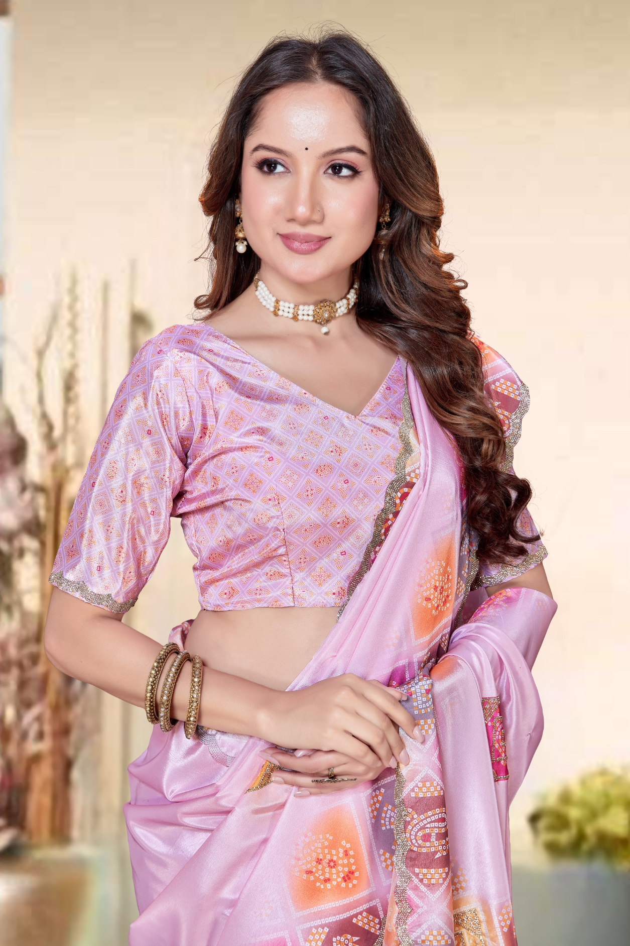 Pink Bandani Zircon Silk Saree