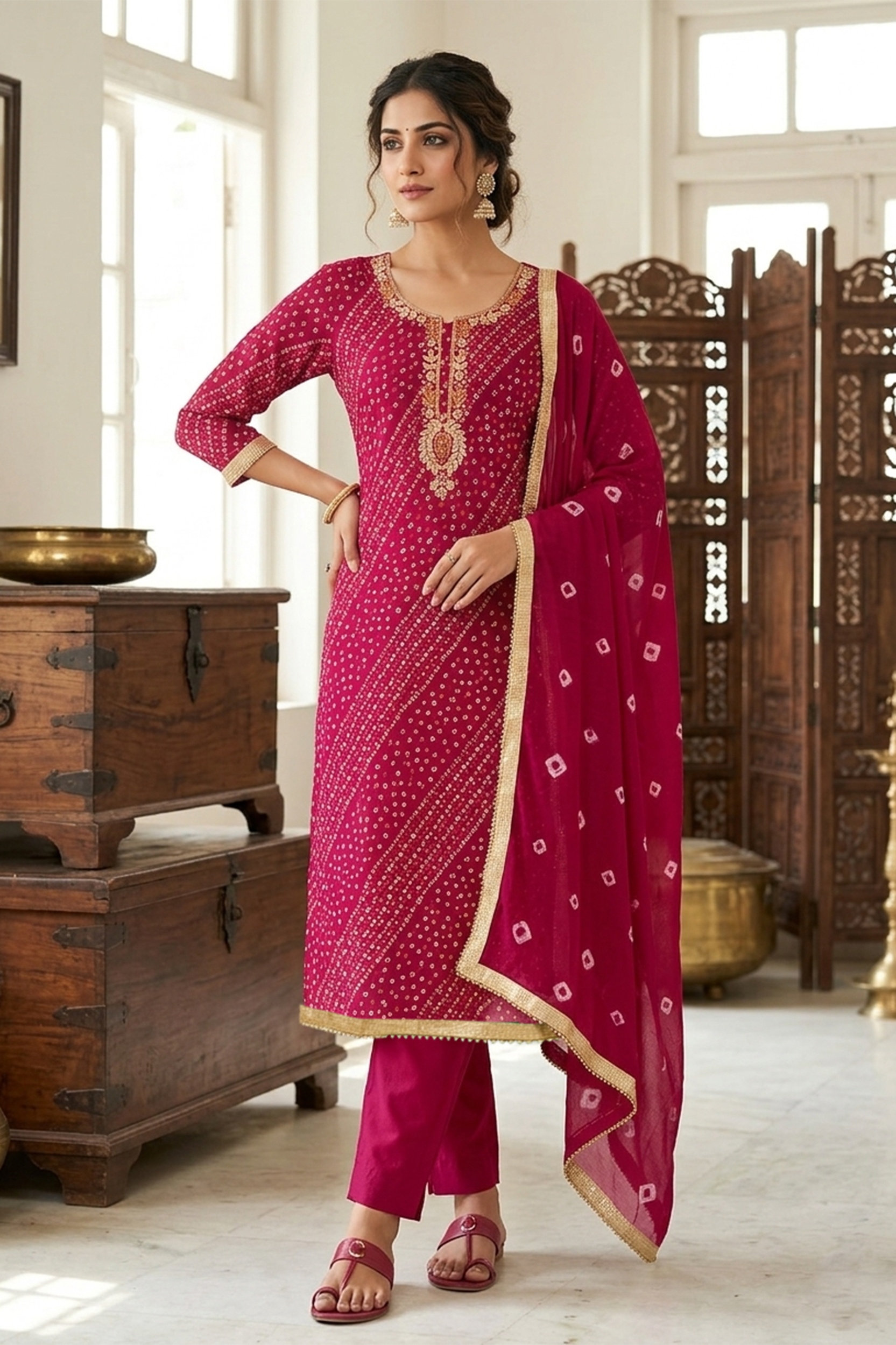 Pink Bandhani Designer Printed Jam Cotton Straight Salwar Suit