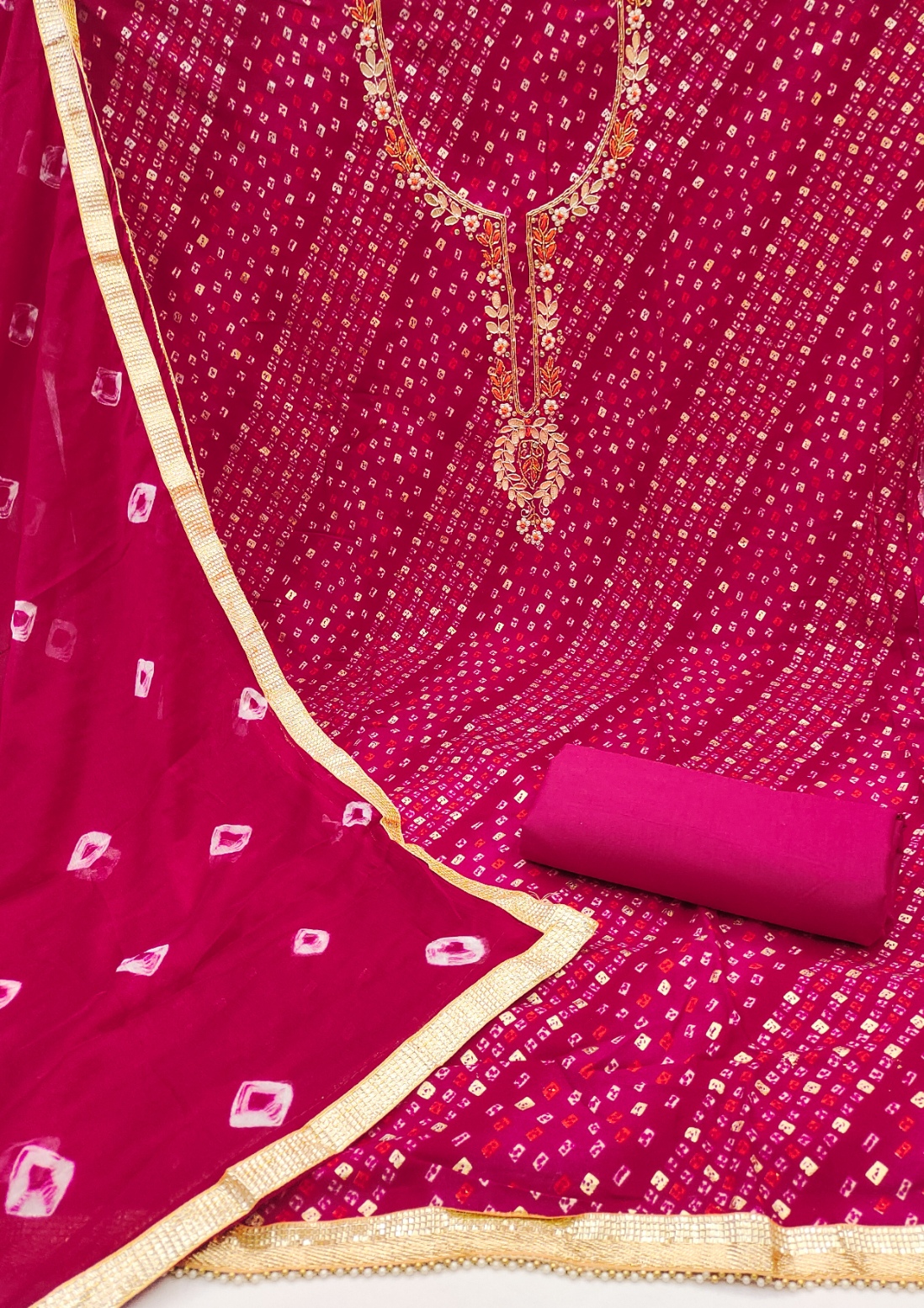 Pink Bandhani Designer Printed Jam Cotton Straight Salwar Suit