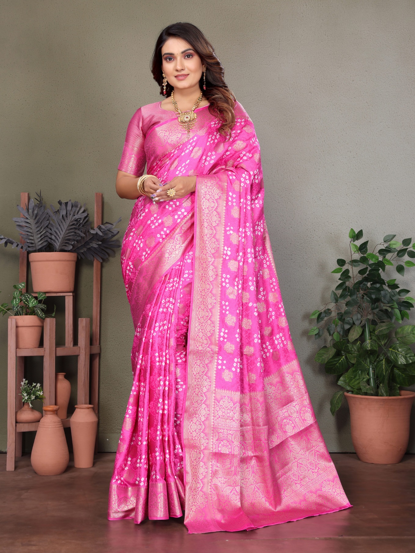 Pink Bandhani Jacquard Work Satin Silk Saree