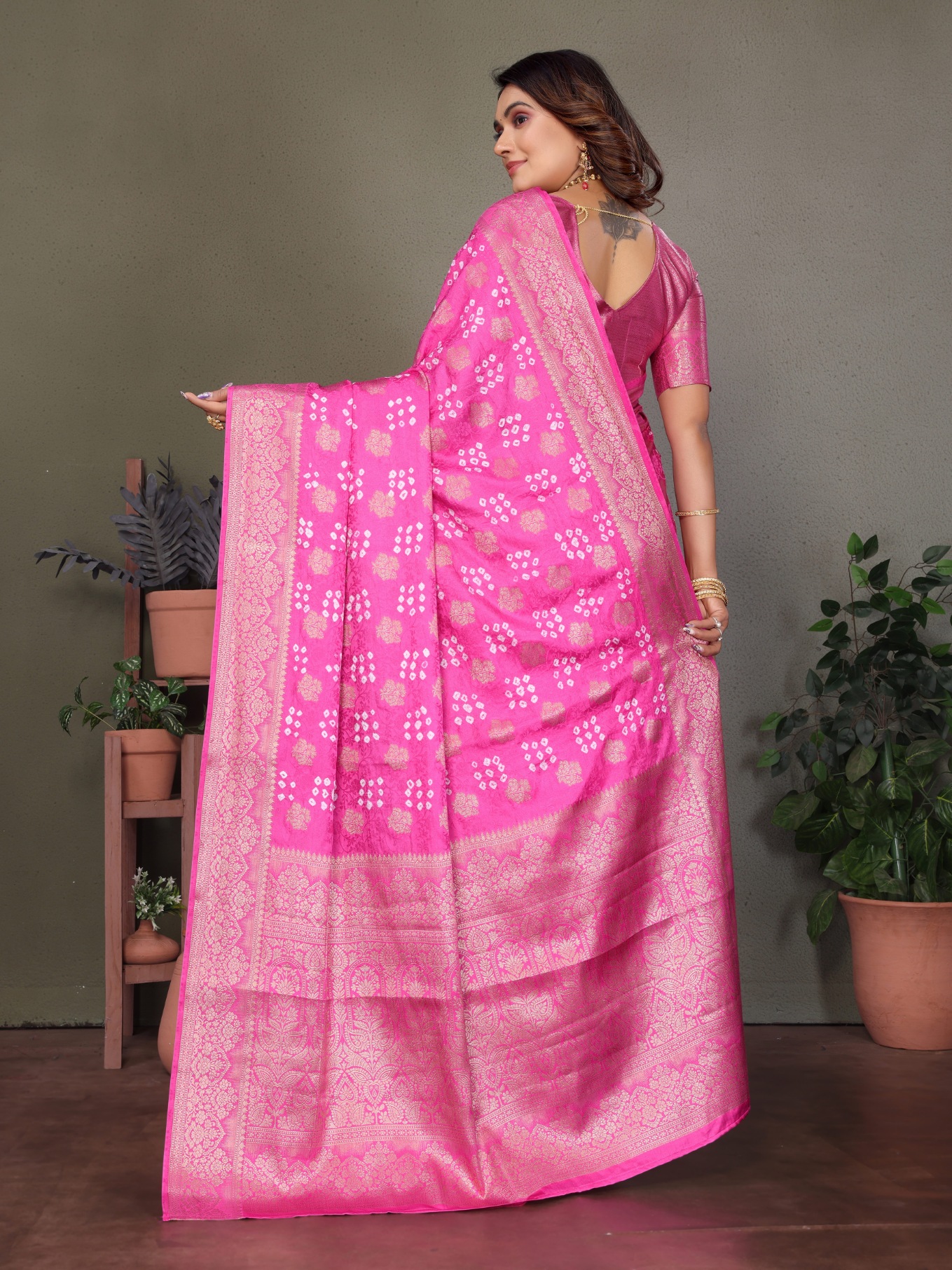 Pink Bandhani Jacquard Work Satin Silk Saree — alternate view