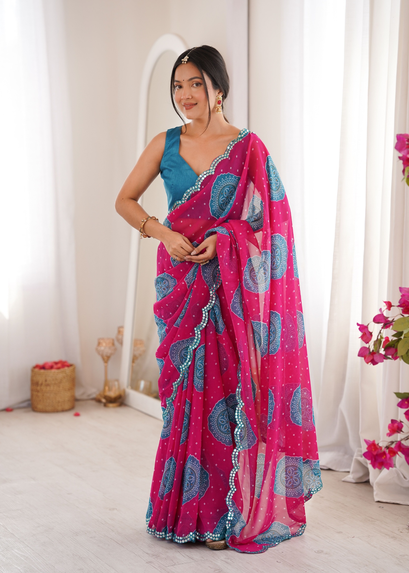 Pink Bandhani Printed Georgette Saree