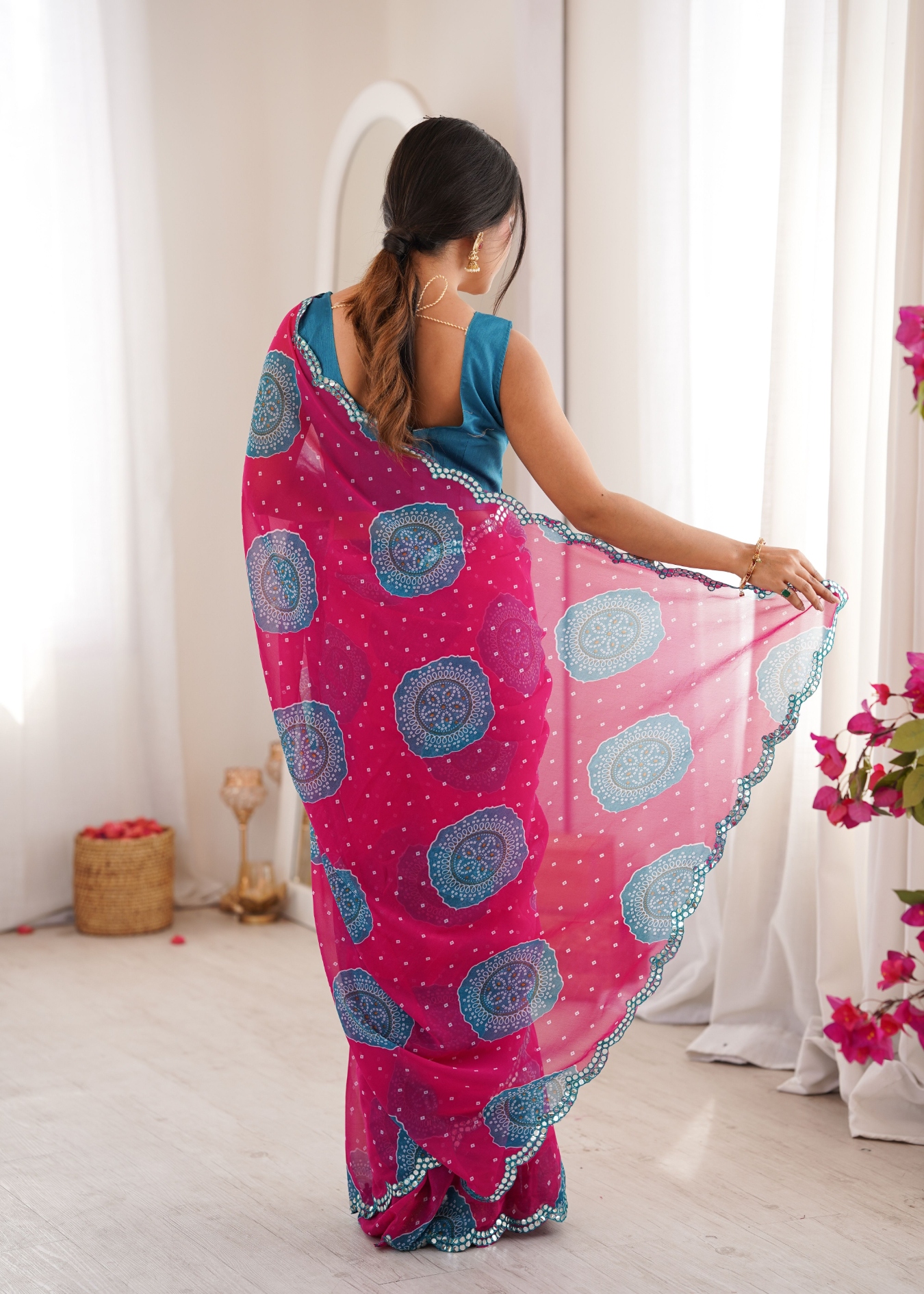 Pink Bandhani Printed Georgette Saree — alternate view