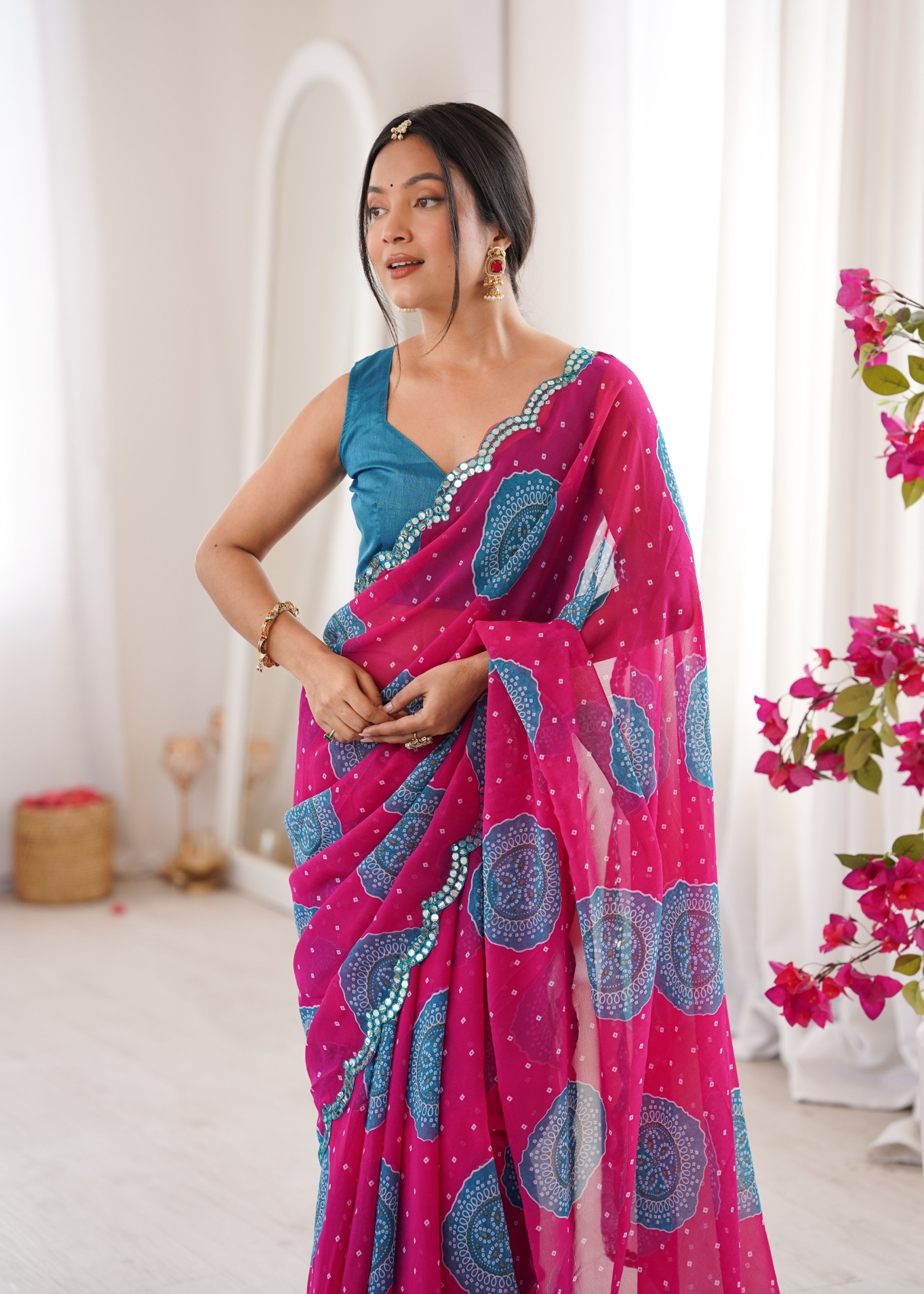 Pink Bandhani Printed Georgette Saree