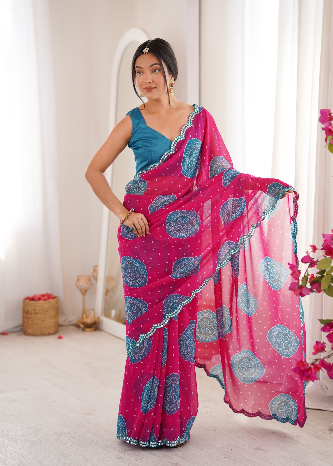 Pink Bandhani Printed Georgette Saree