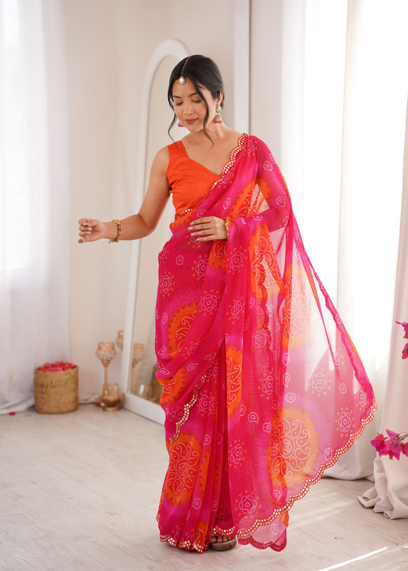 Pink Bandhani Printed Georgette Saree