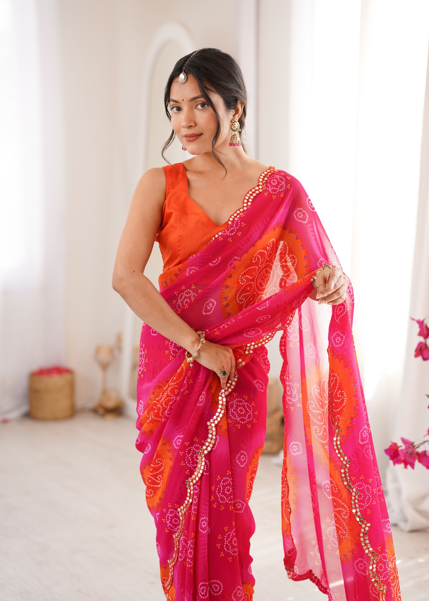 Pink Bandhani Printed Georgette Saree