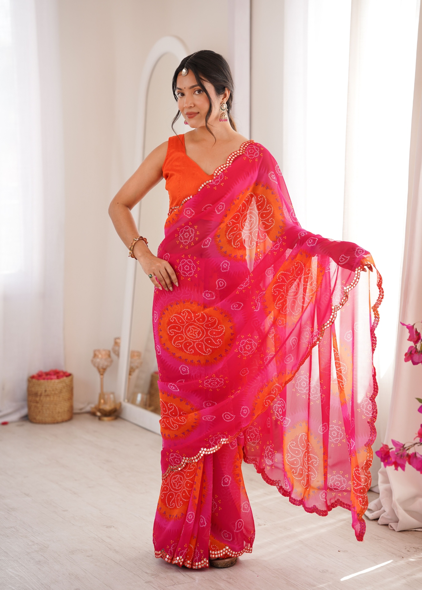 Pink Bandhani Printed Georgette Saree