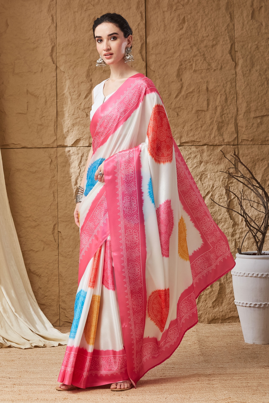 Pink Bandhani Printed Satin Ready To Wear Saree