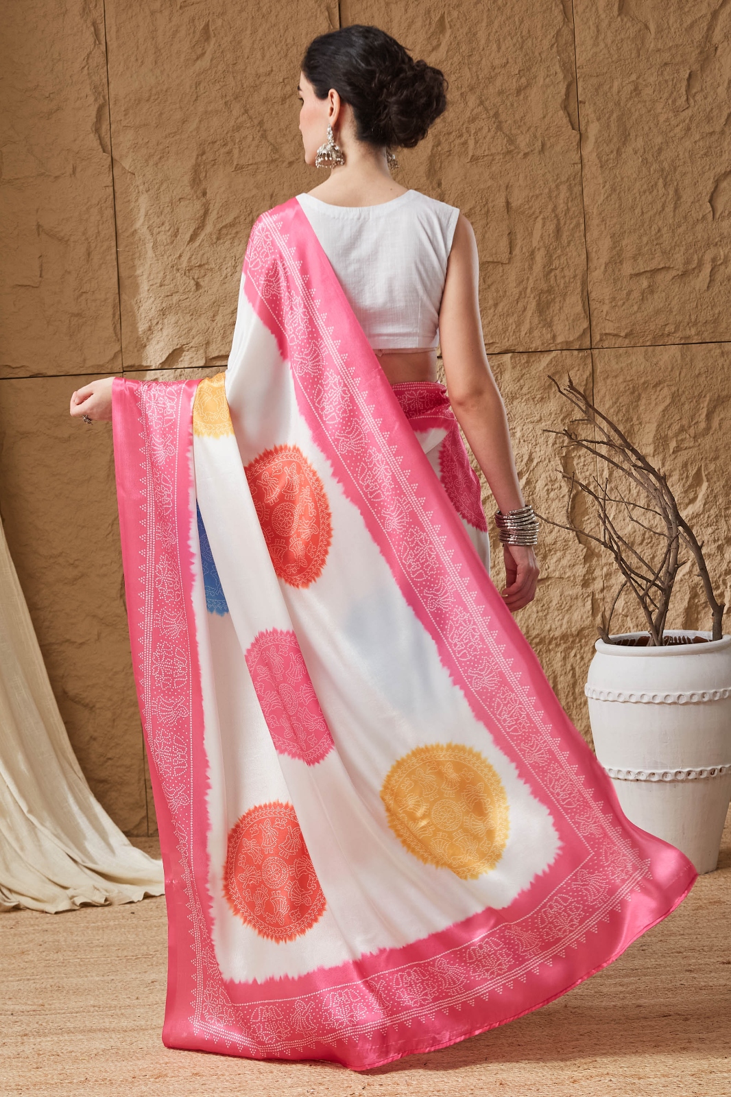 Pink Bandhani Printed Satin Ready To Wear Saree — alternate view