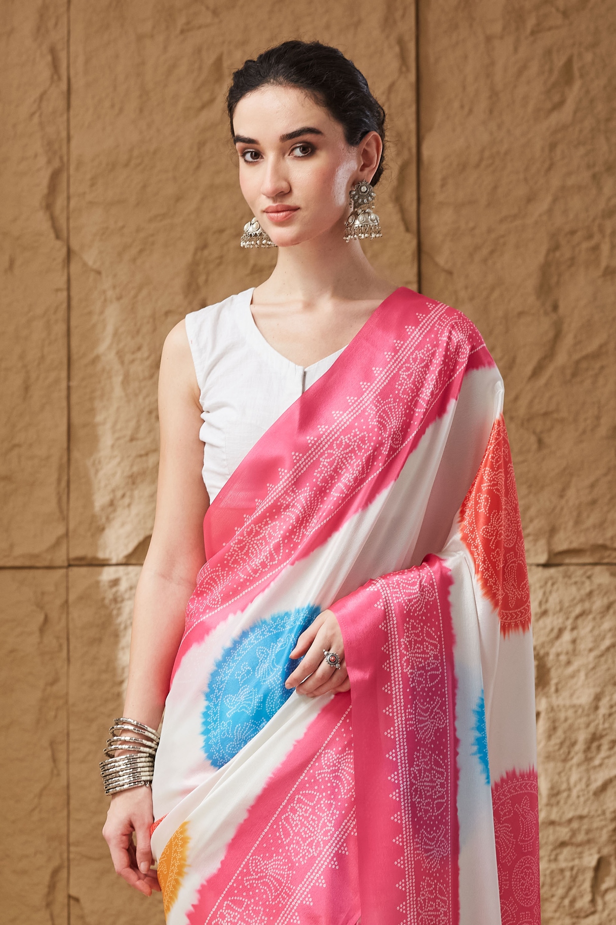 Pink Bandhani Printed Satin Ready To Wear Saree