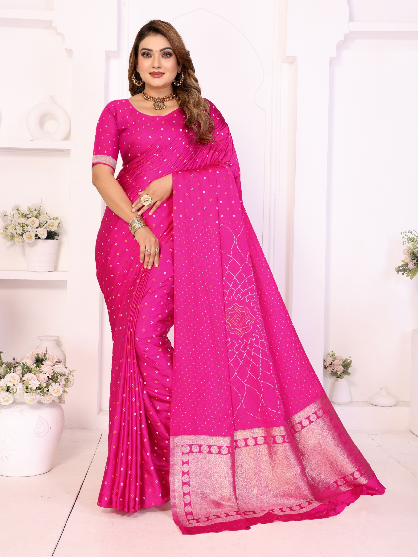 Pink Bandhej Weaving Satin Silk Saree