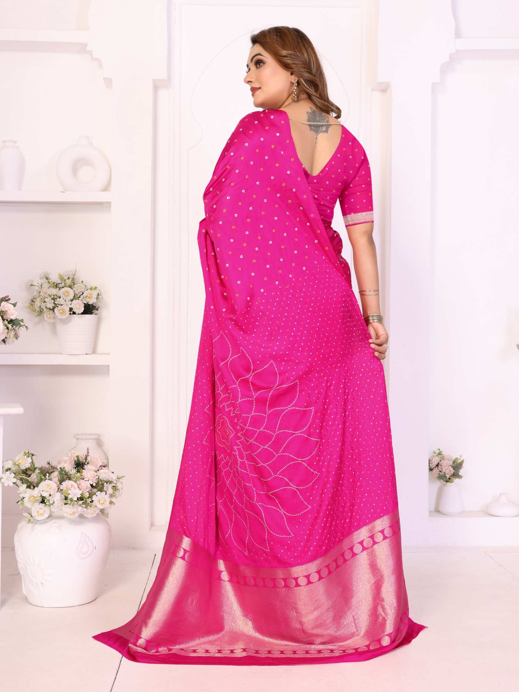 Pink Bandhej Weaving Satin Silk Saree — alternate view