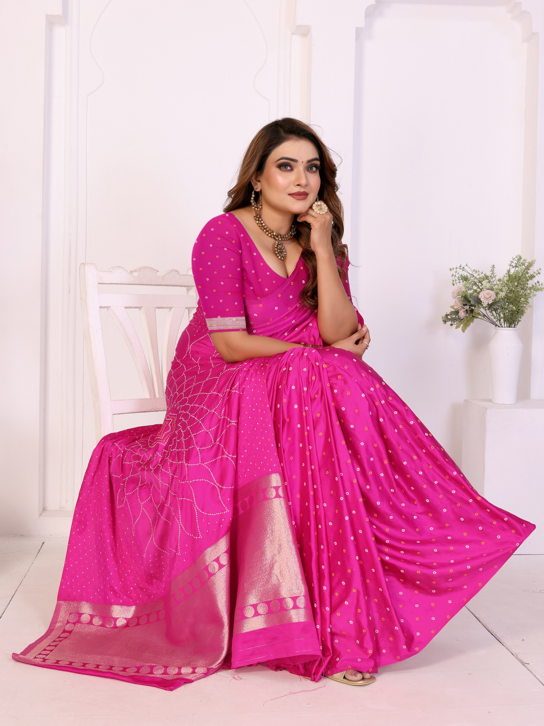Pink Bandhej Weaving Satin Silk Saree