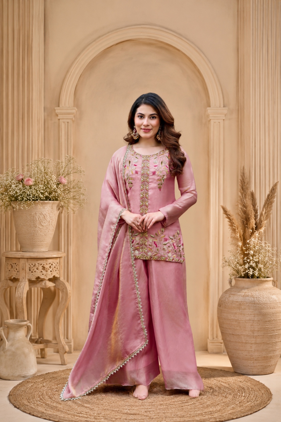 Pink Bead Work Fendy Satin Palazzo Suit