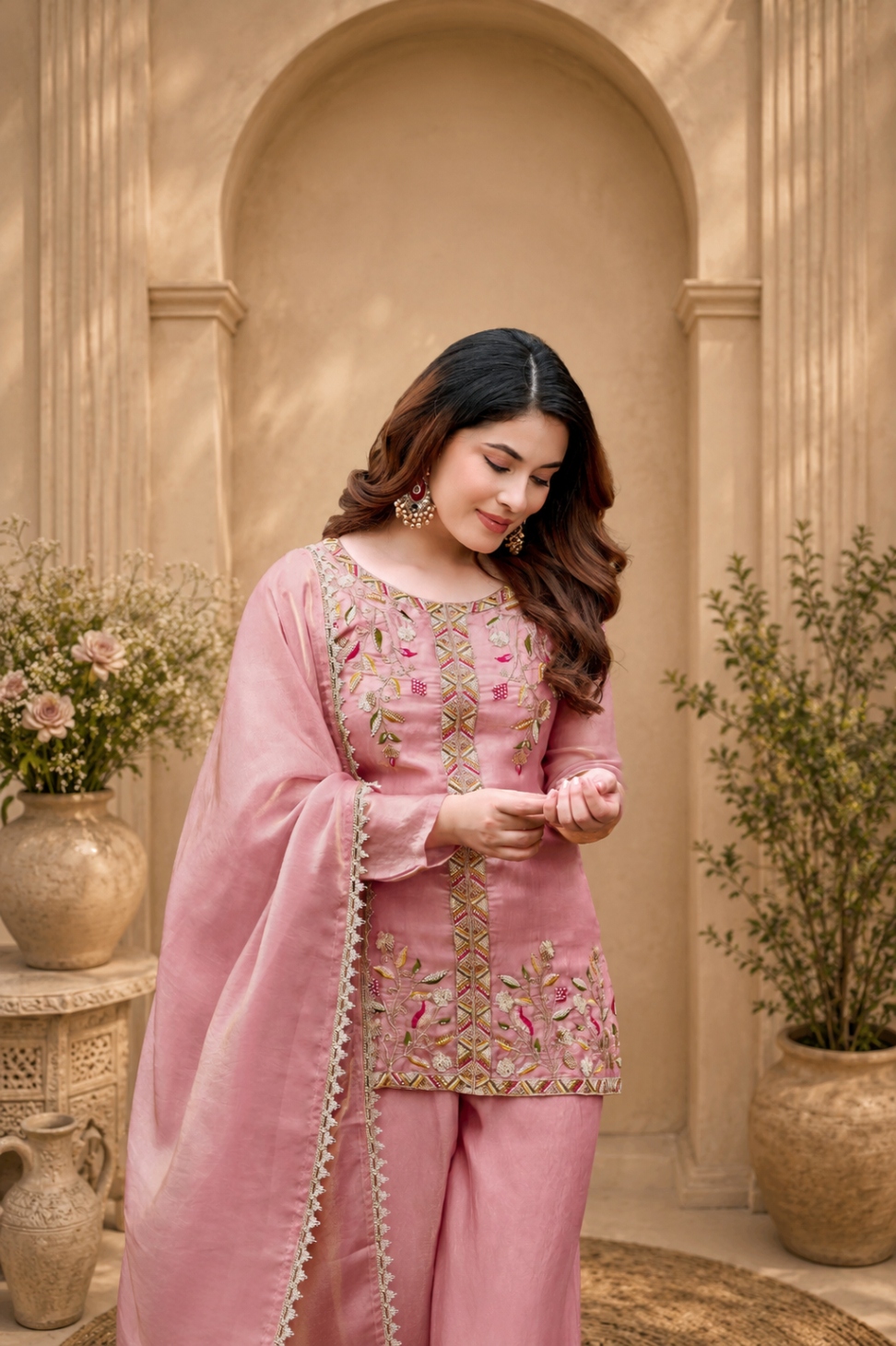 Pink Bead Work Fendy Satin Palazzo Suit