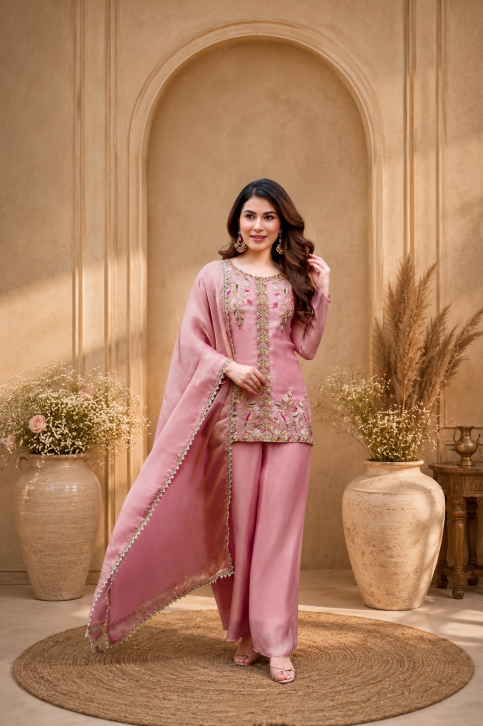 Pink Bead Work Fendy Satin Palazzo Suit