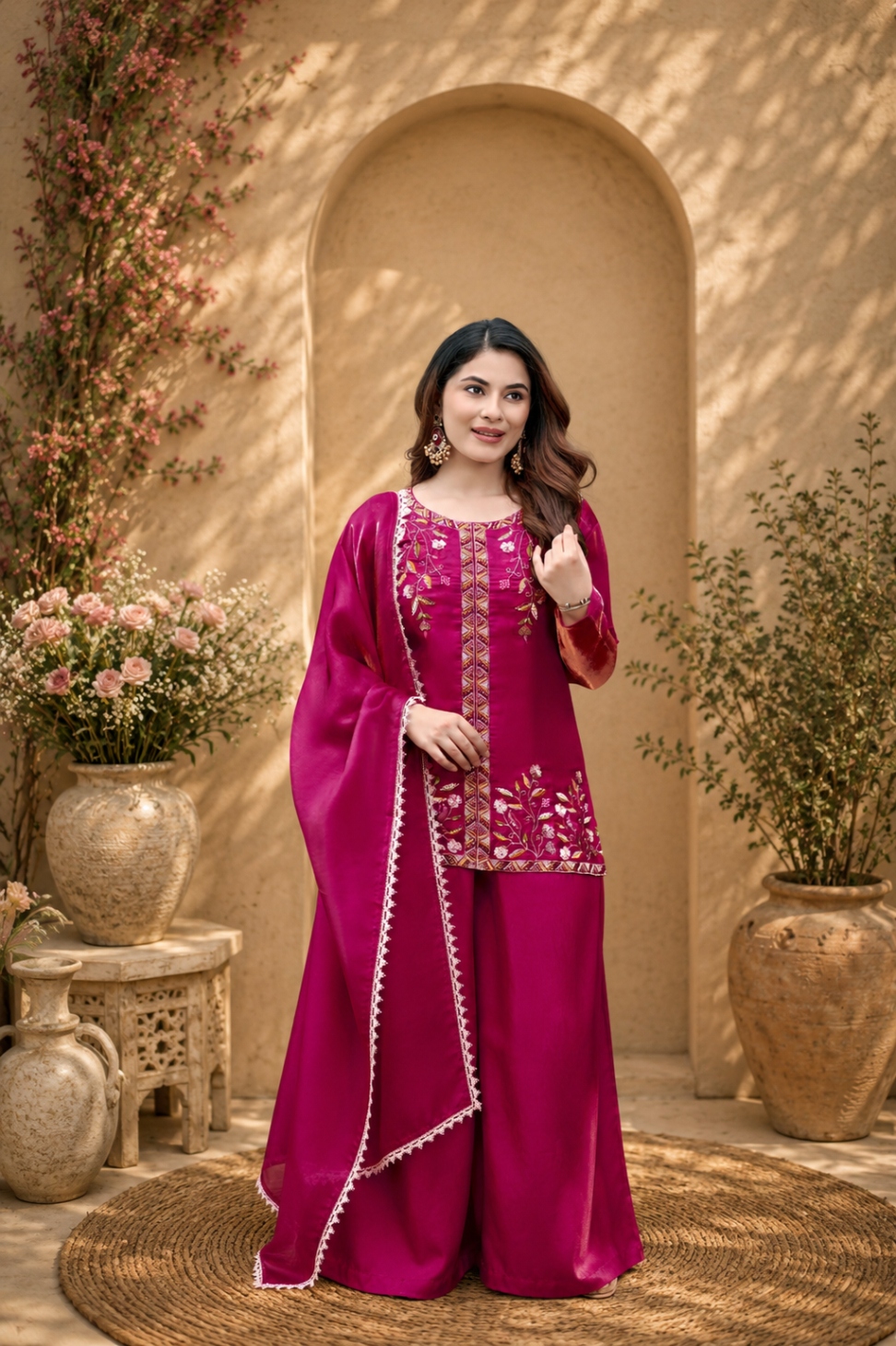 Pink Bead Work Fendy Satin Palazzo Suit
