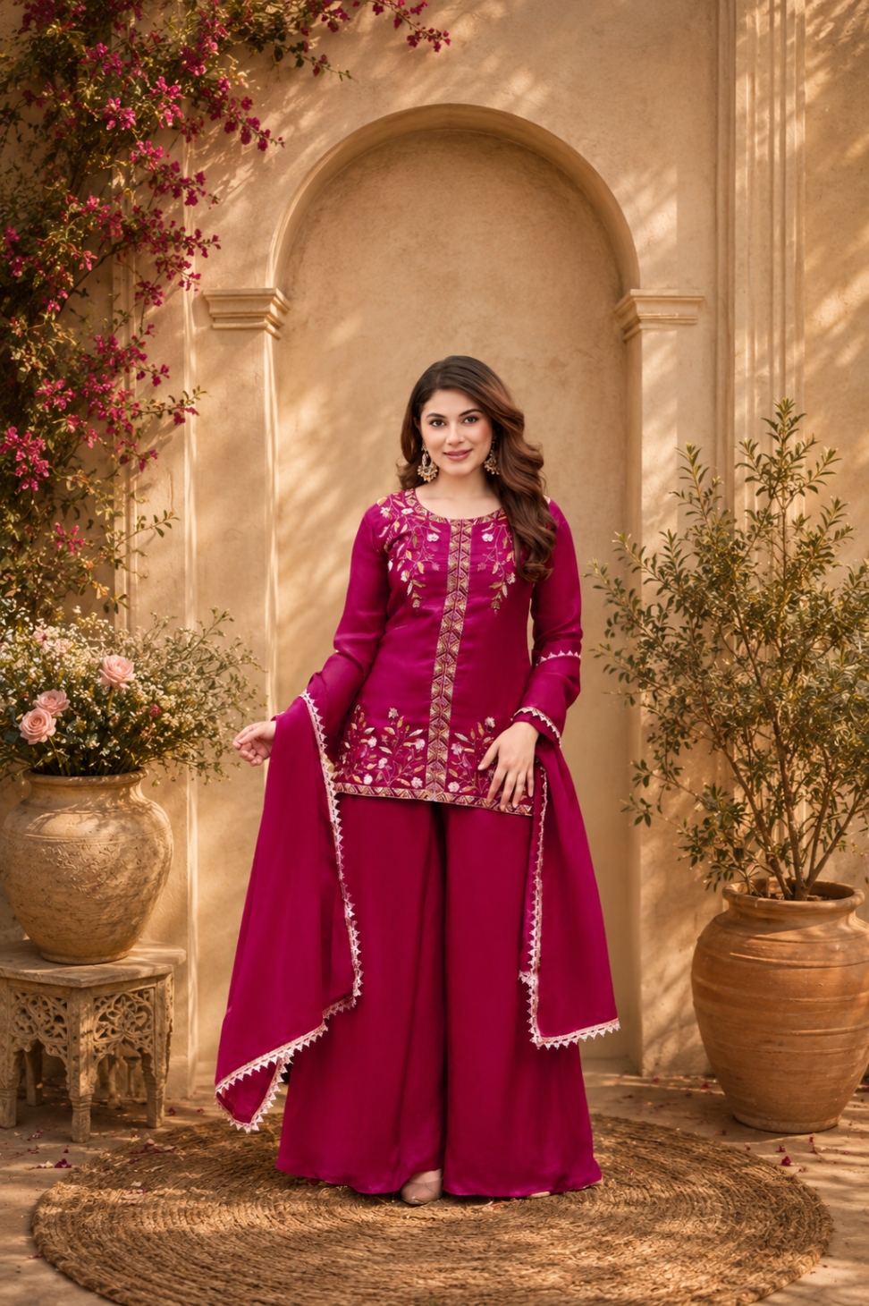 Pink Bead Work Fendy Satin Palazzo Suit