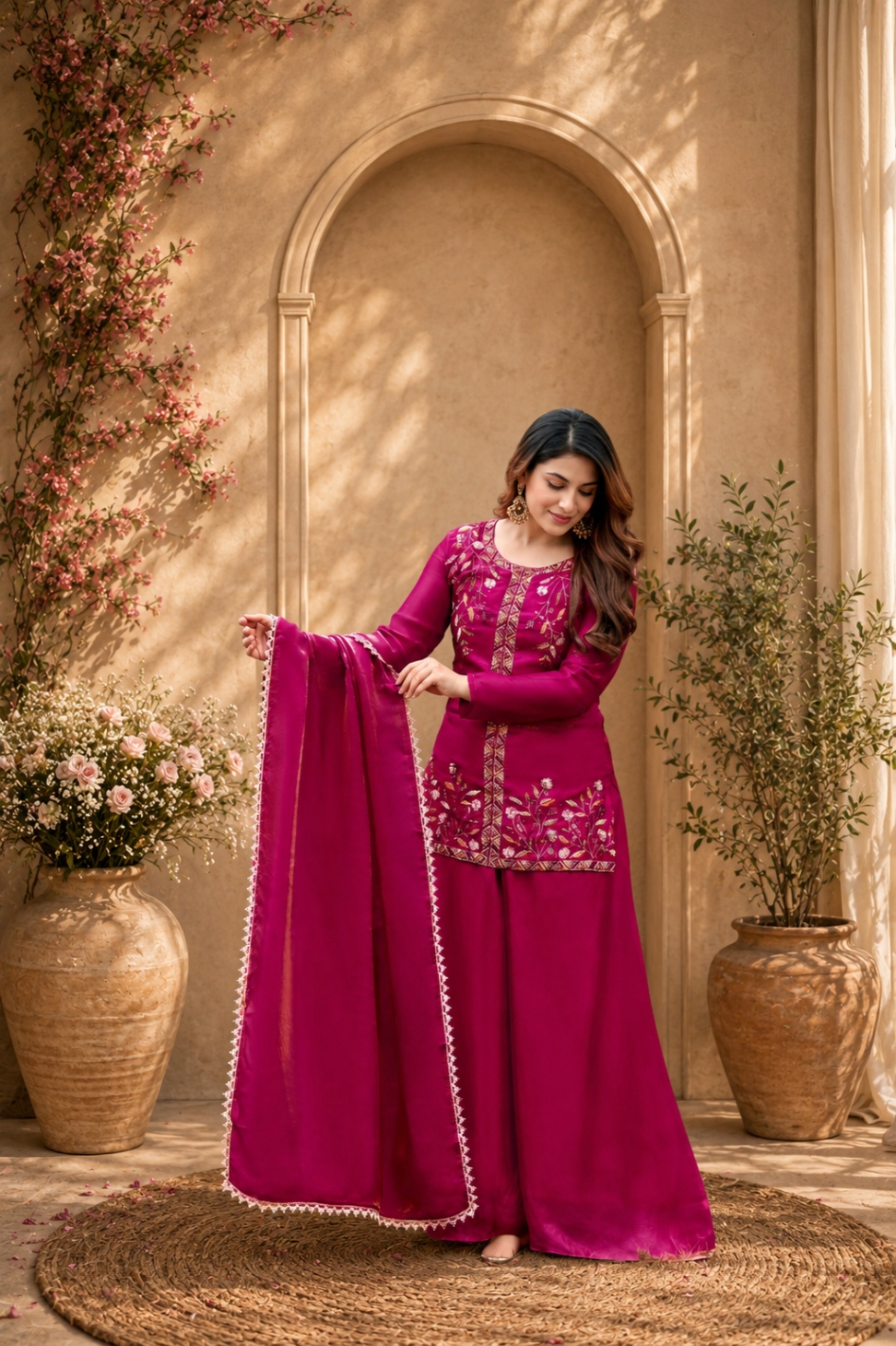 Pink Bead Work Fendy Satin Palazzo Suit