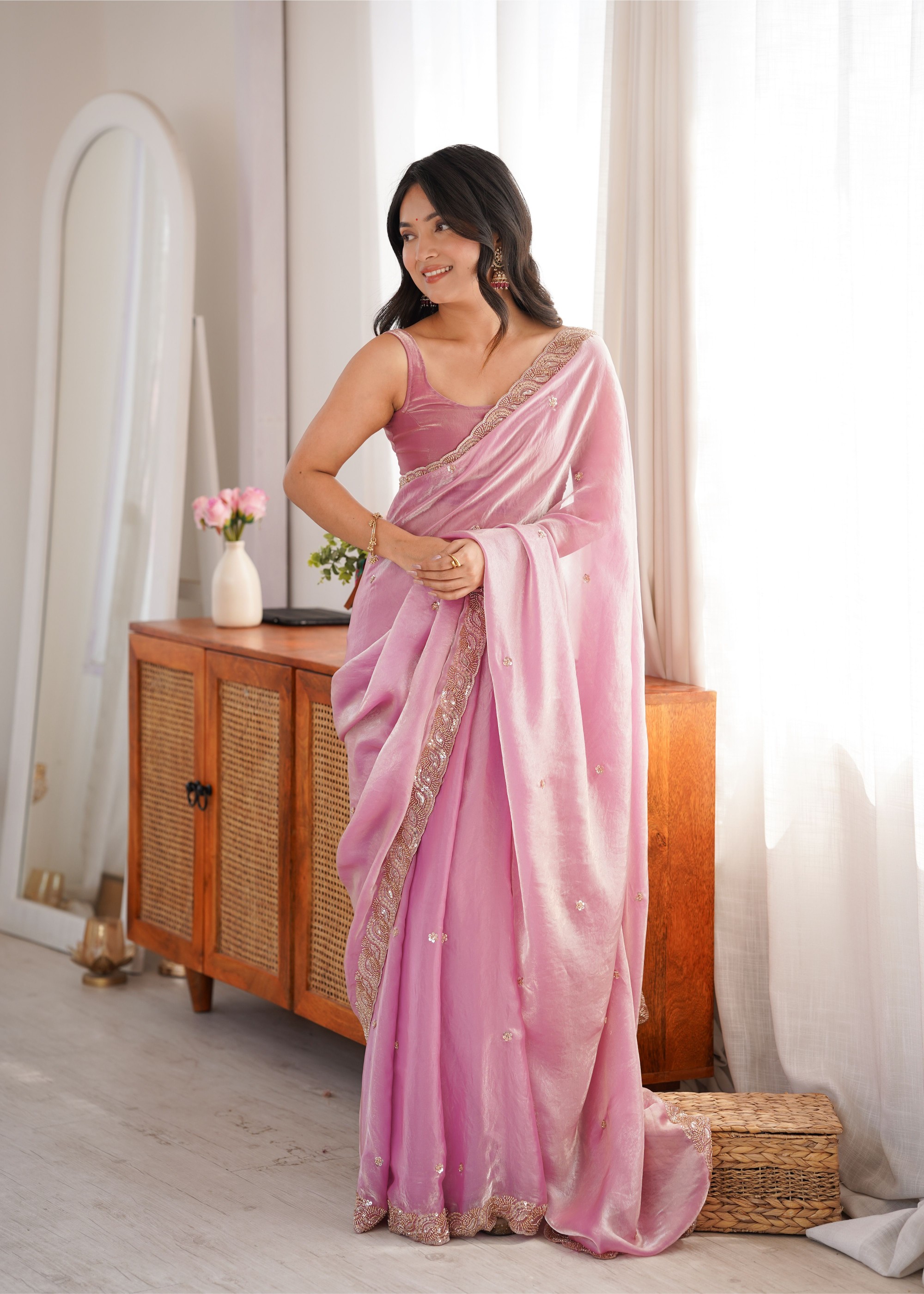 Pink Beads Pearl Fendy Satin Saree