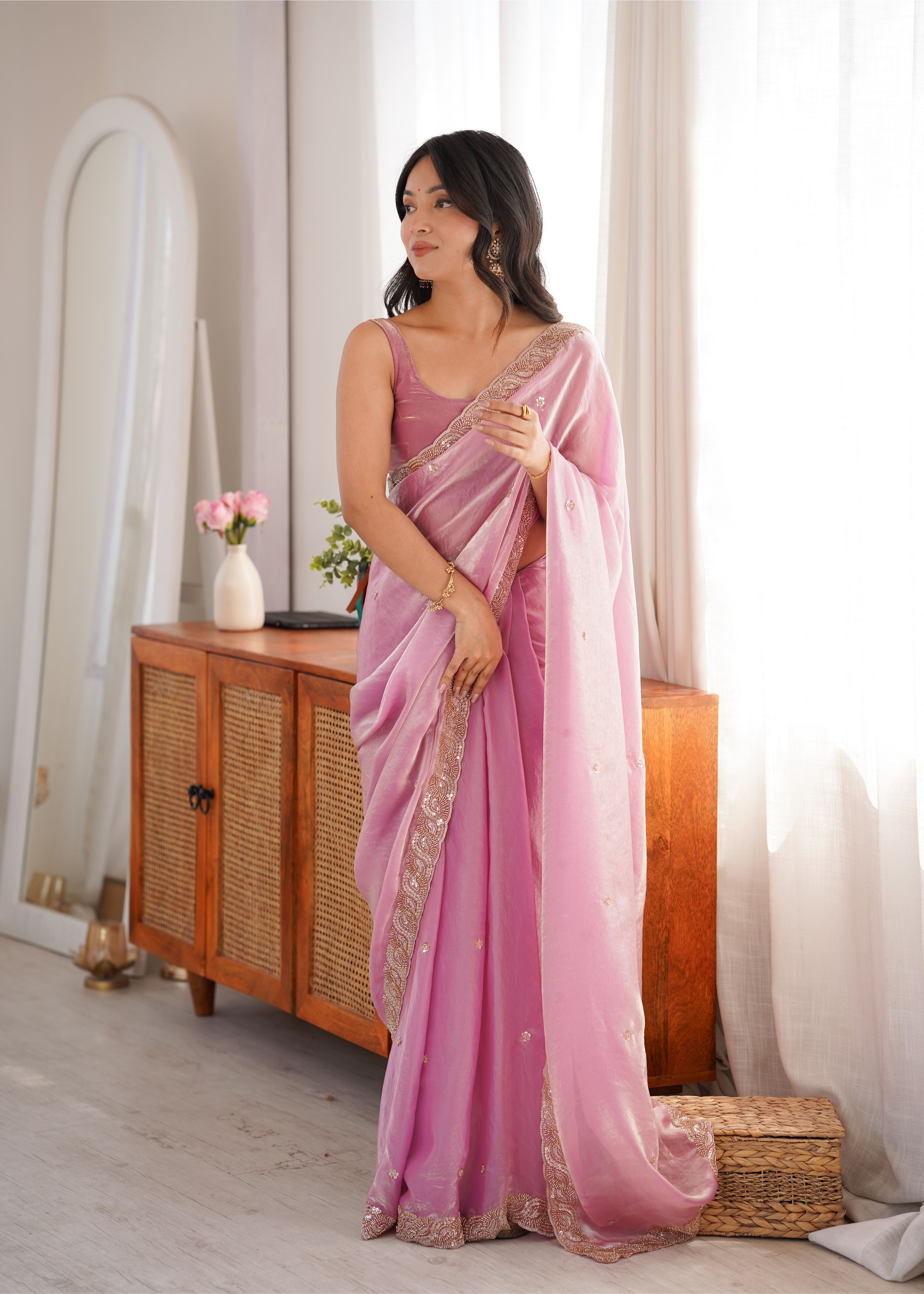 Pink Beads Pearl Fendy Satin Saree
