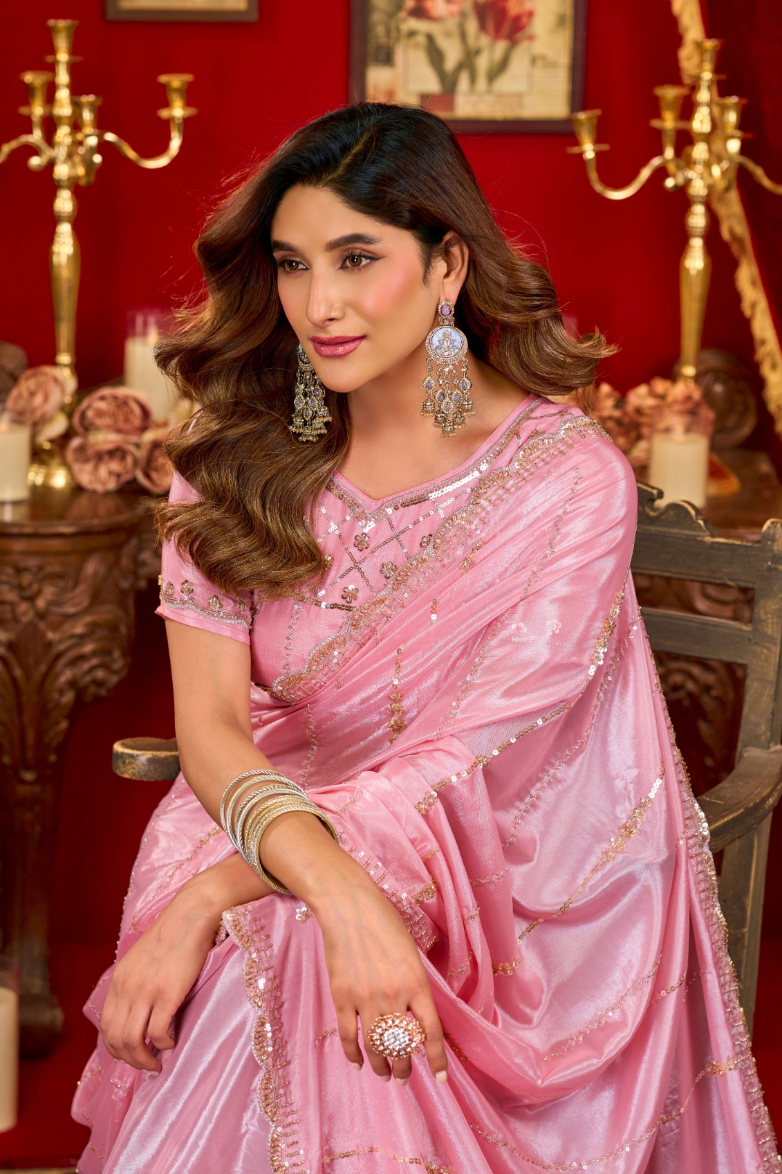 Pink Beads Sequin Prada Silk Saree