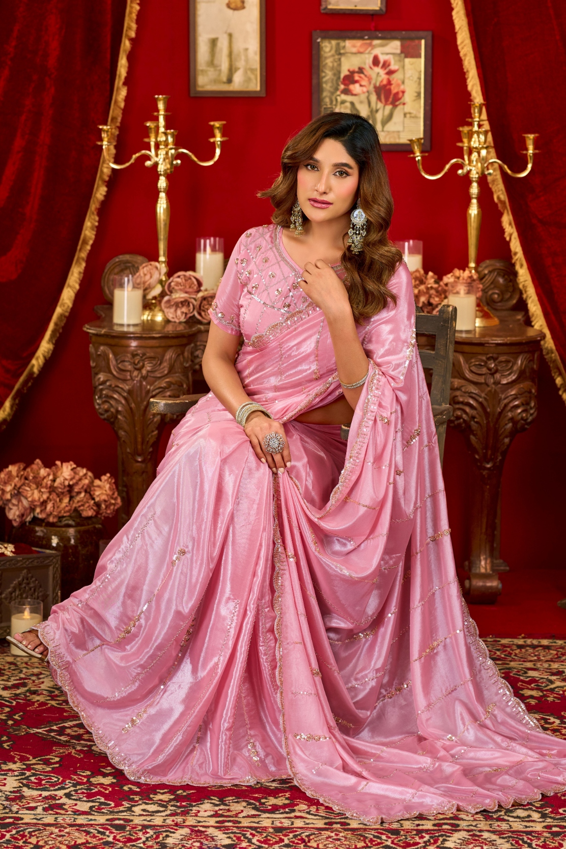 Pink Beads Sequin Prada Silk Saree