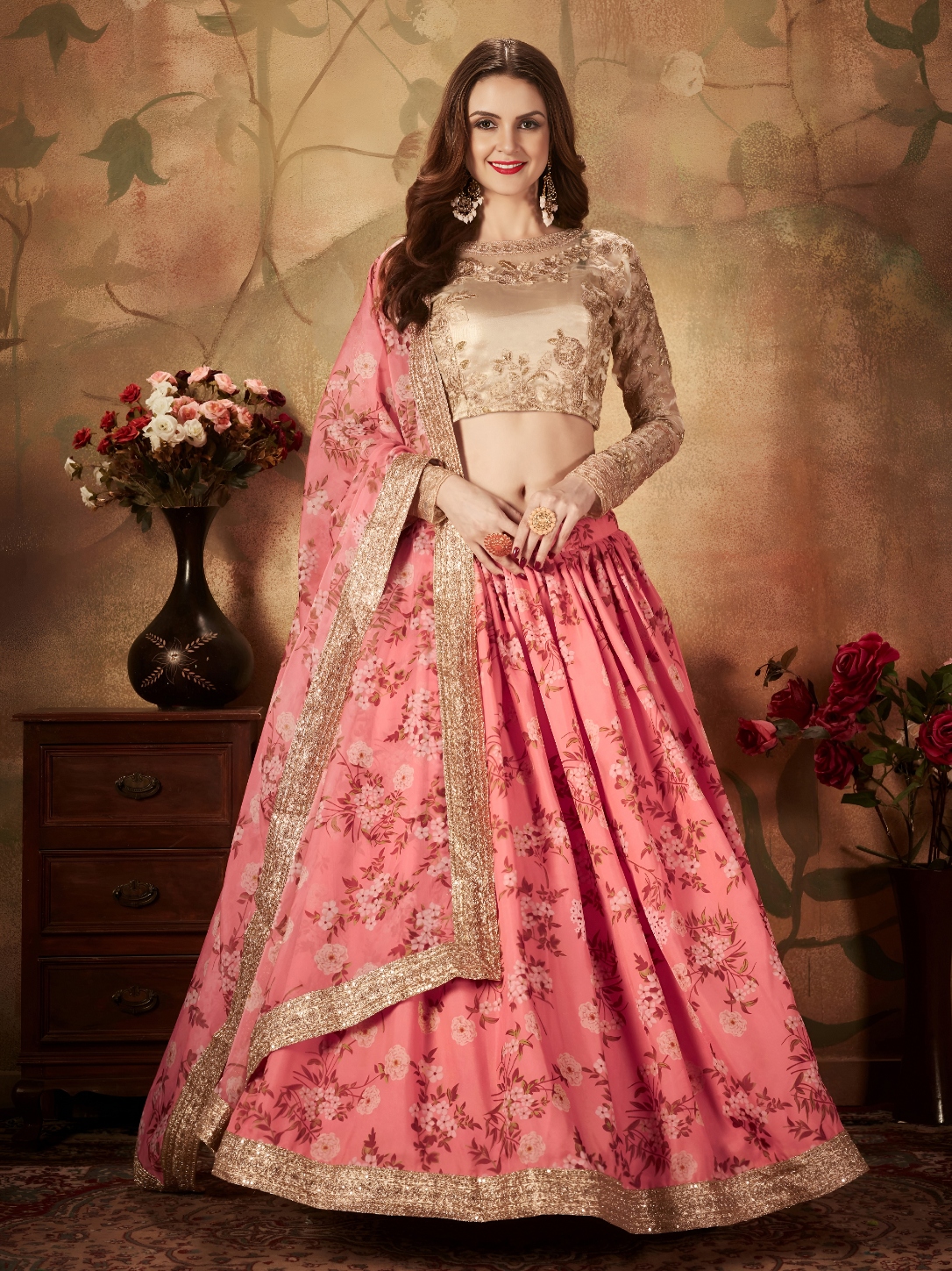 Pink Beige Floral Organza Lehenga Choli