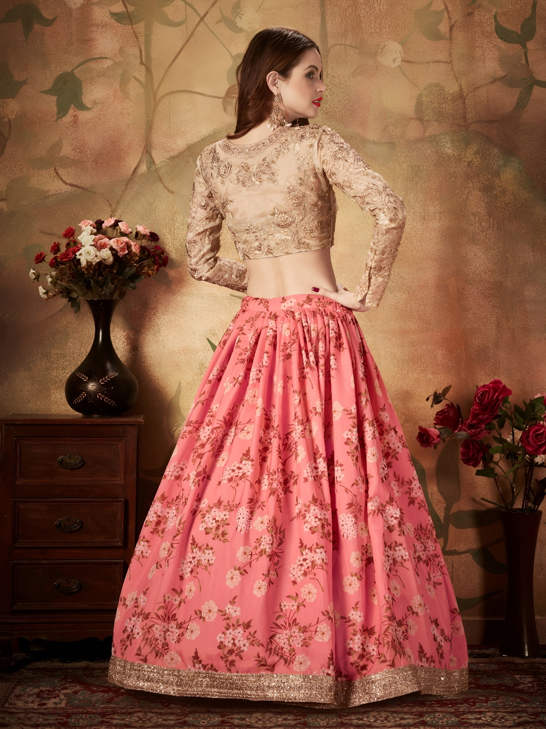 Pink Beige Floral Organza Lehenga Choli — alternate view