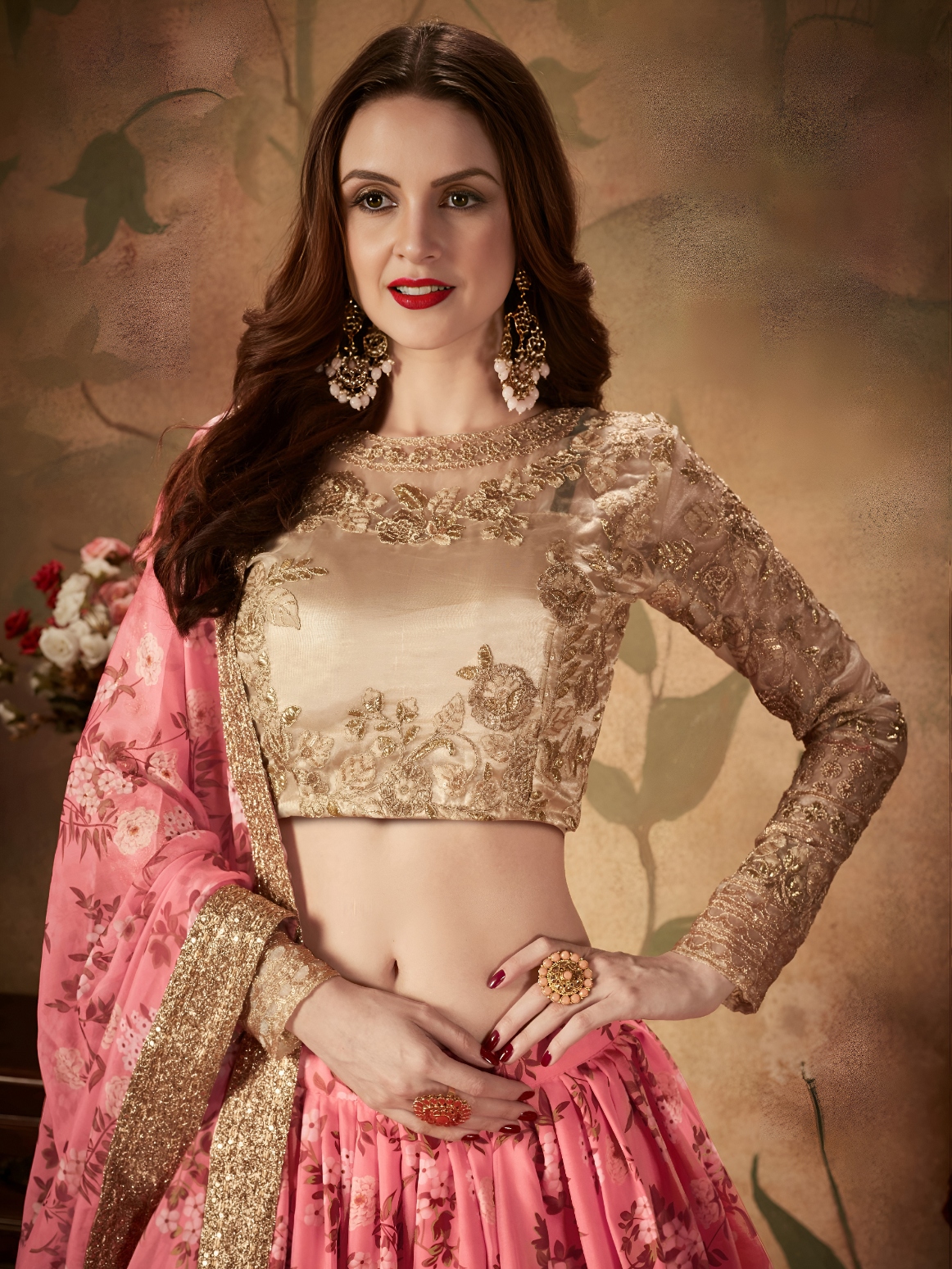 Pink Beige Floral Organza Lehenga Choli