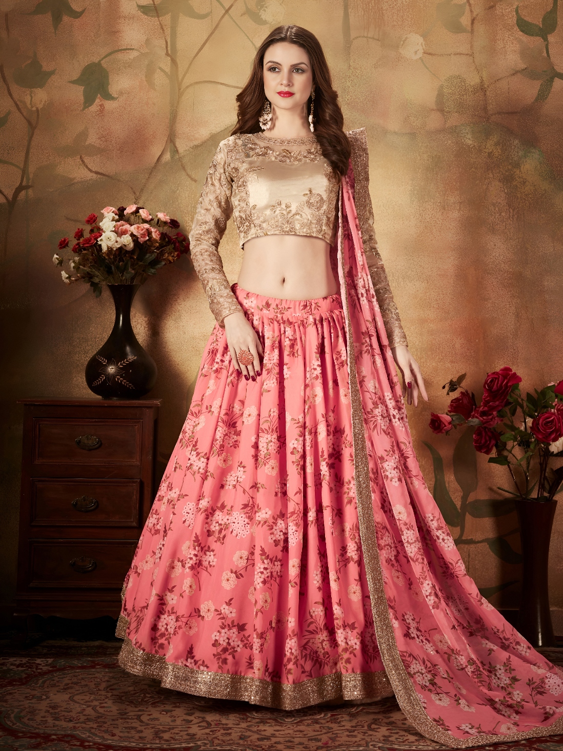 Pink Beige Floral Organza Lehenga Choli