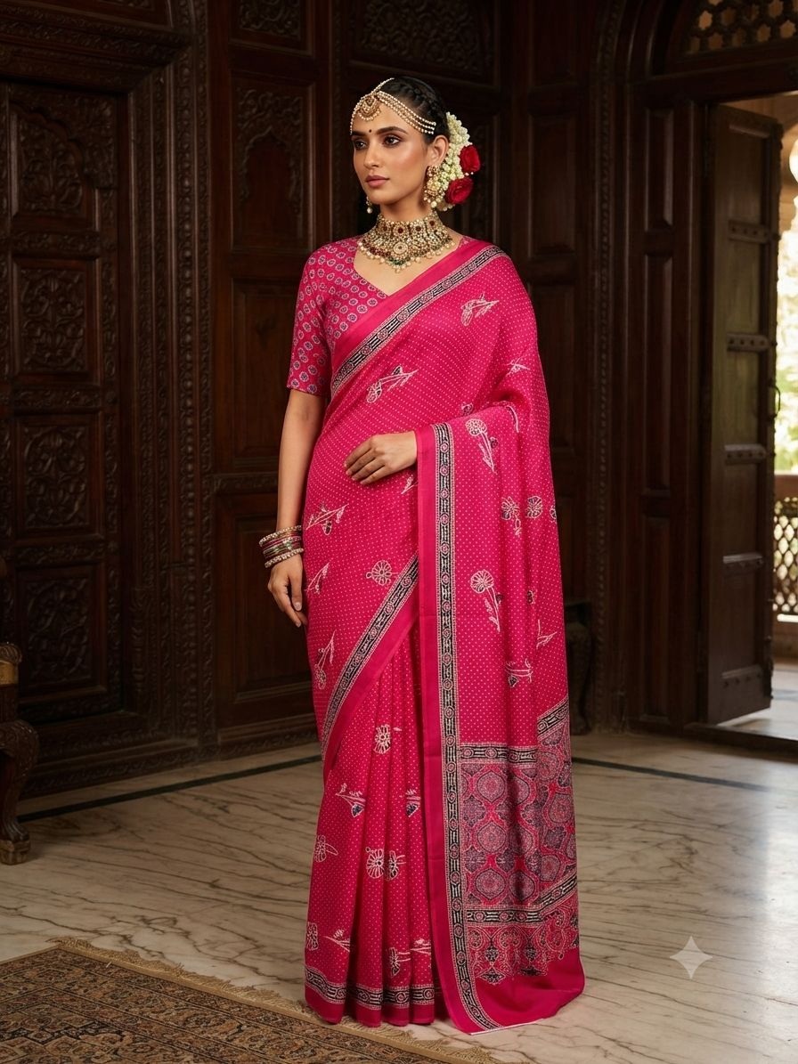 Pink Bird Motif Printed Crepe Silk Saree