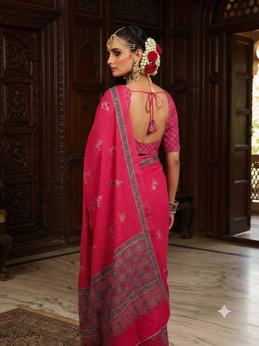 Pink Bird Motif Printed Crepe Silk Saree — alternate view