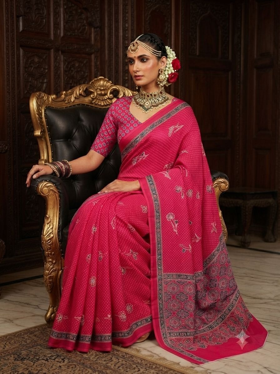 Pink Bird Motif Printed Crepe Silk Saree