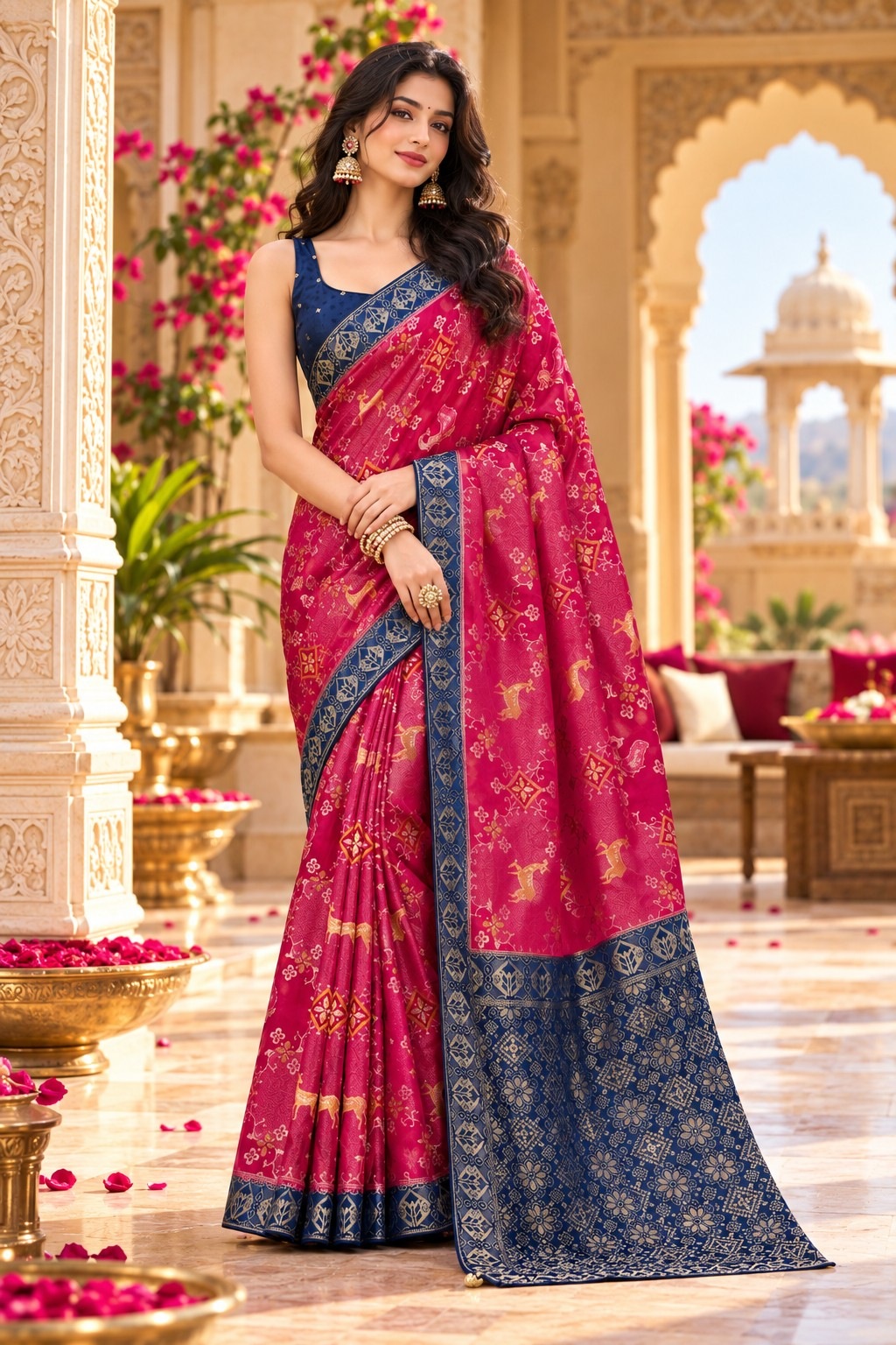 Pink Bird Motif Woven Satin Tissue Saree