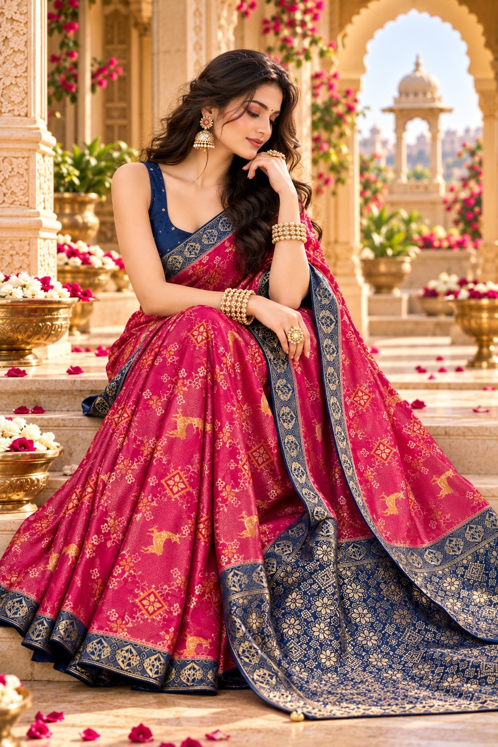 Pink Bird Motif Woven Satin Tissue Saree