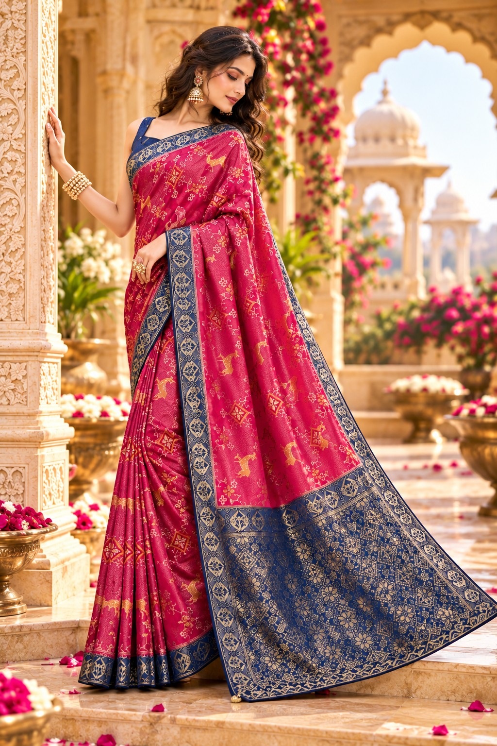 Pink Bird Motif Woven Satin Tissue Saree
