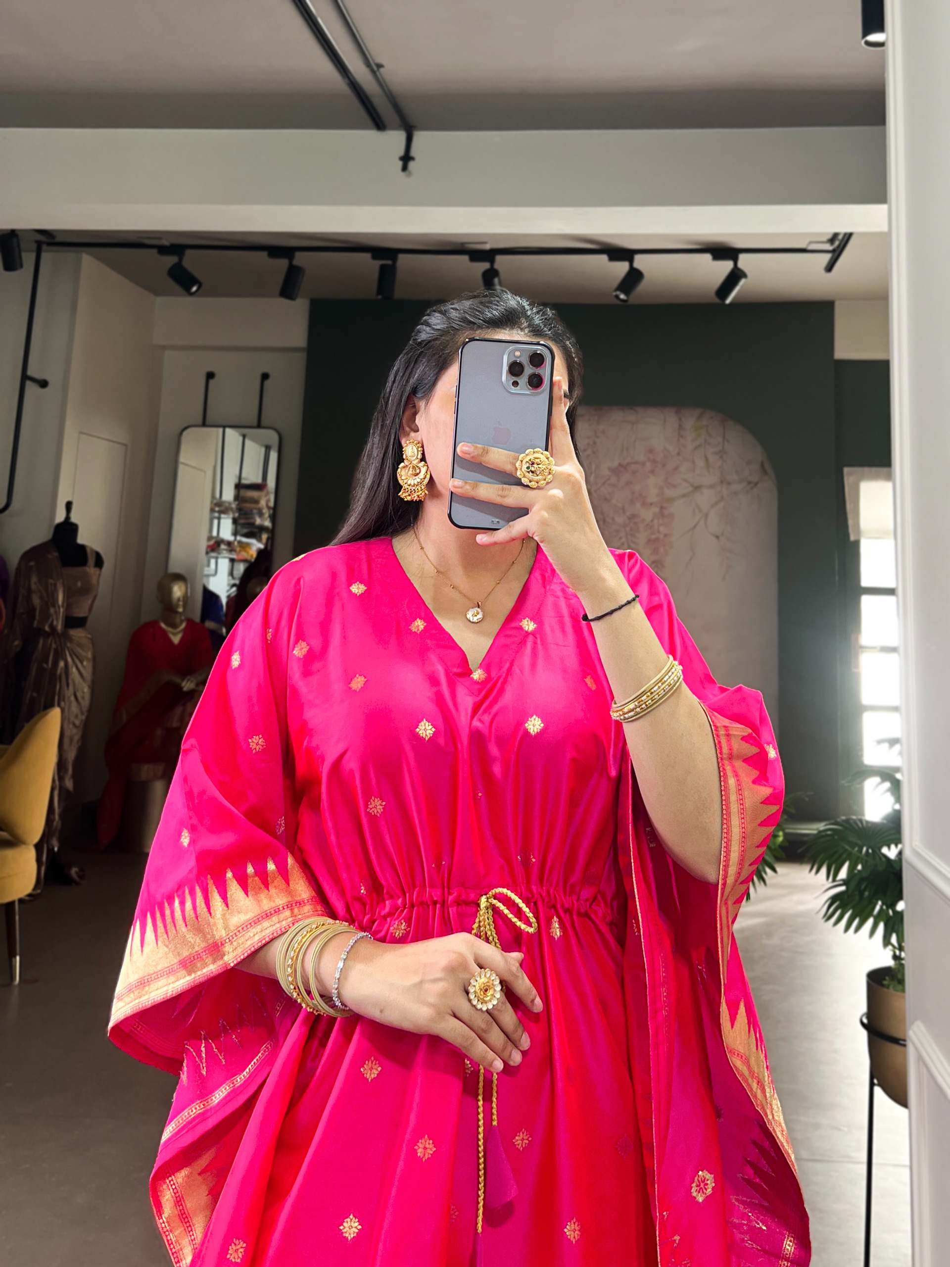 Pink Bird Motif Woven Soft Silk Kaftaan — alternate view