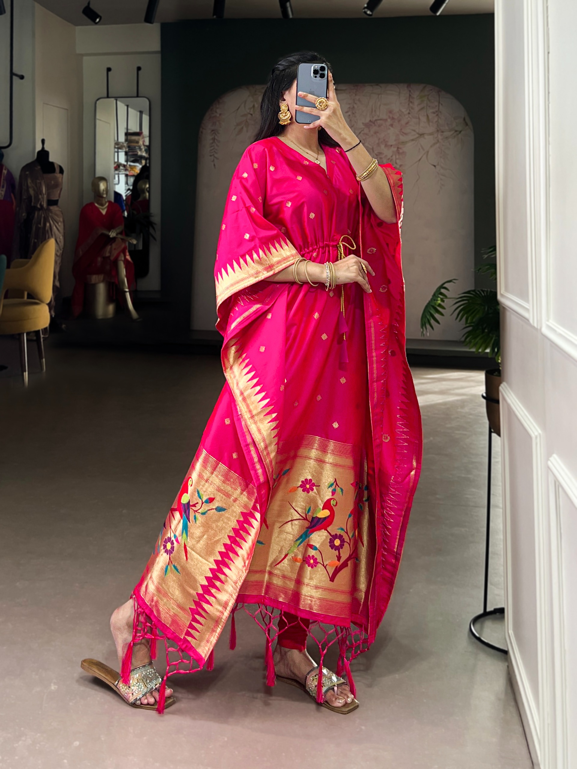 Pink Bird Motif Woven Soft Silk Kaftaan
