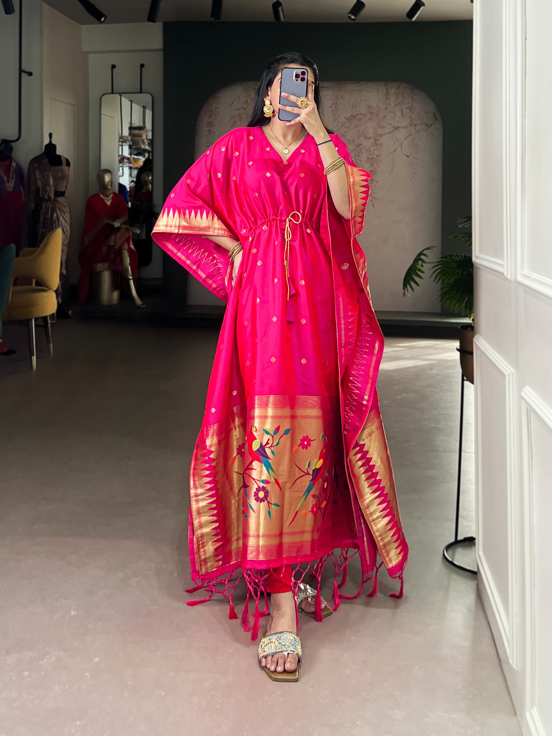 Pink Bird Motif Woven Soft Silk Kaftaan